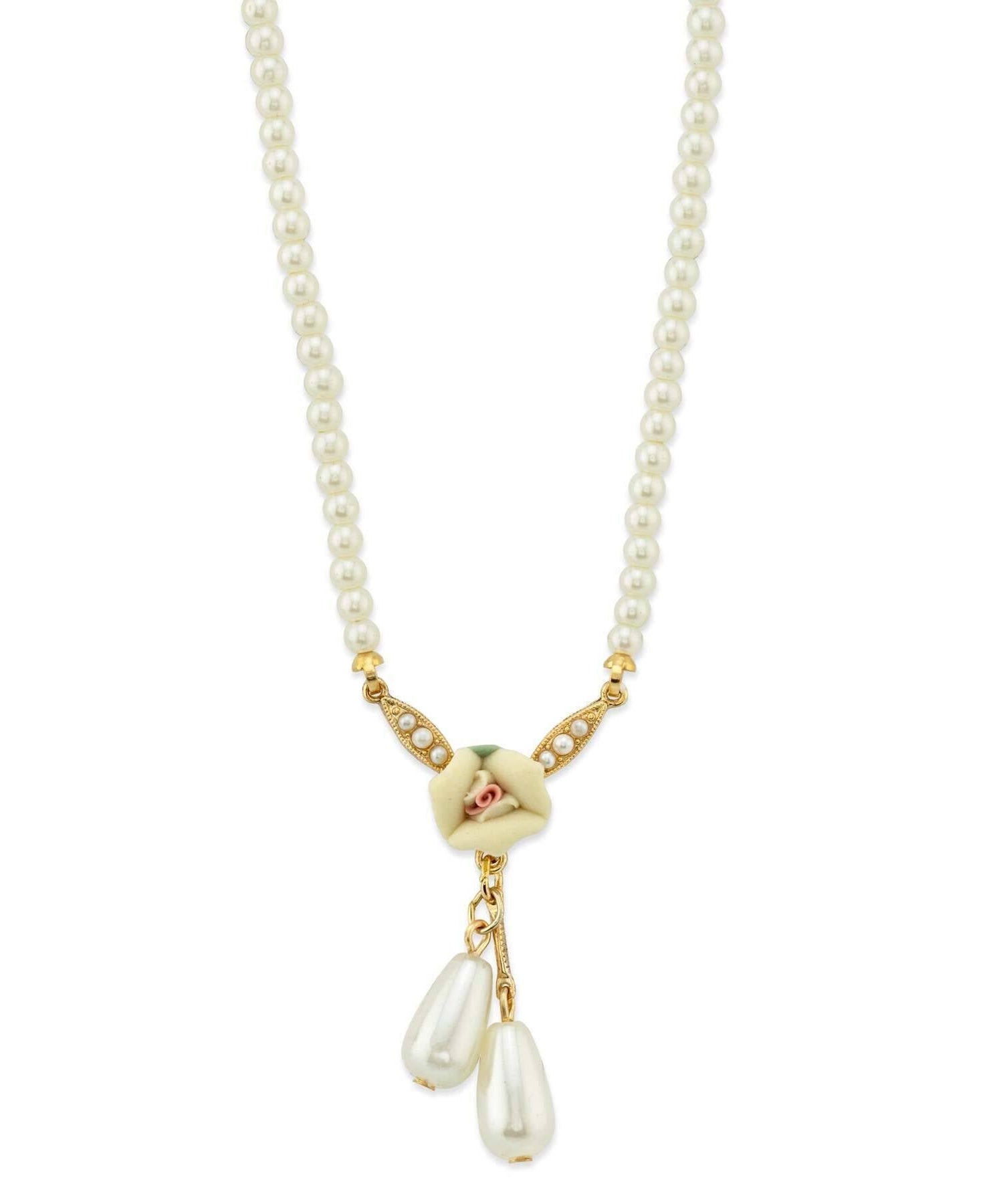 1928 Bridal Porcelain Rose And 3mm Faux Pearl Strand Drop Pendant Necklace 16" + 3" Extender