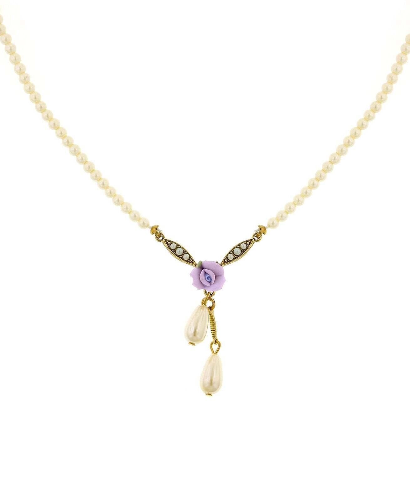 1928 Bridal Porcelain Rose And 3mm Faux Pearl Strand Drop Pendant Necklace 16" + 3" Extender