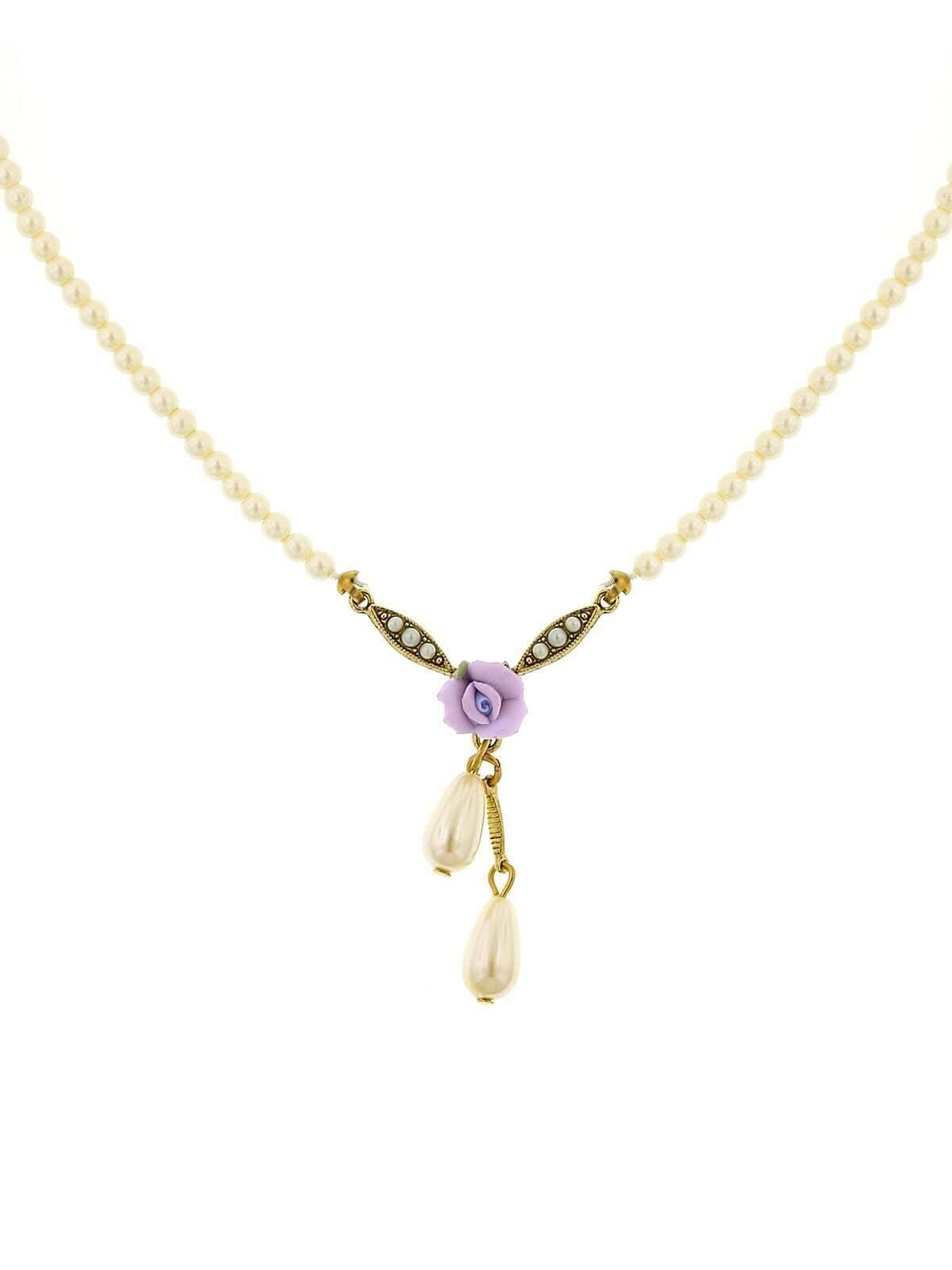 1928 Bridal Porcelain Rose And 3mm Faux Pearl Strand Drop Pendant Necklace 16" + 3" Extender