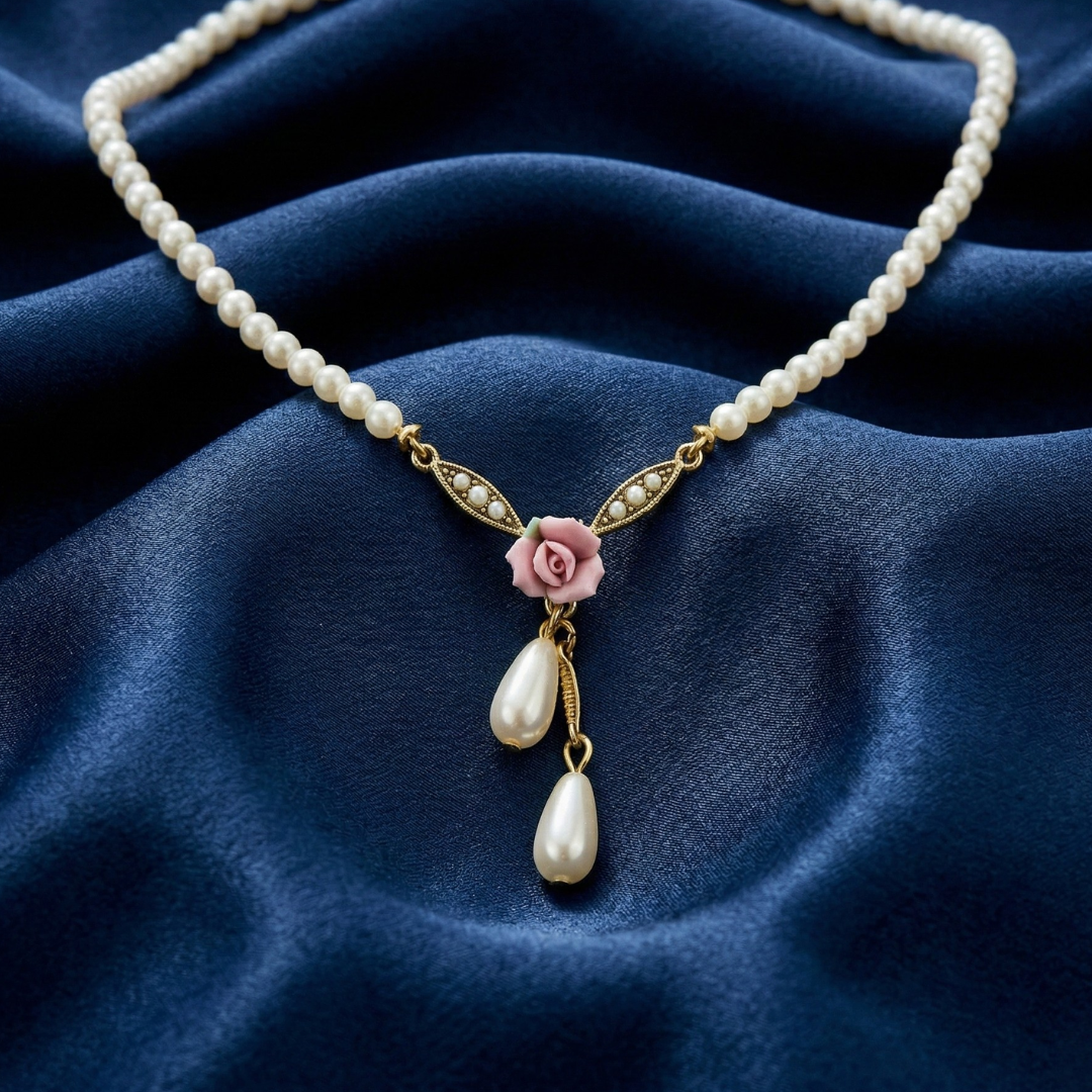 Pearl necklace with floral pink rose pendant on a blue fabric background
