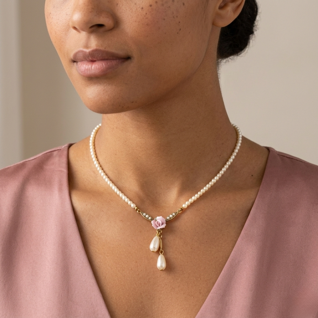 Woman wearing a faux pearl necklace with floral pink rose pendant against a neutral background