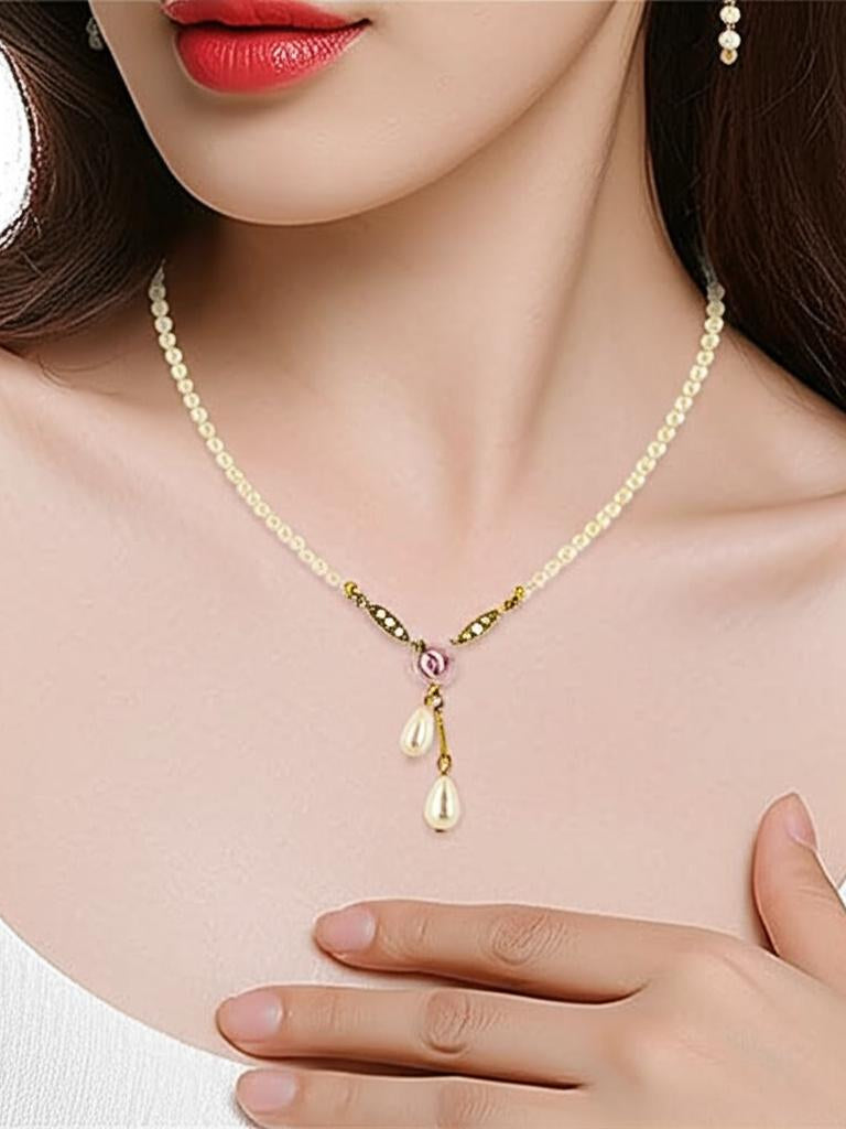 1928 Bridal Porcelain Rose And 3mm Faux Pearl Strand Drop Pendant Necklace 16" + 3" Extender