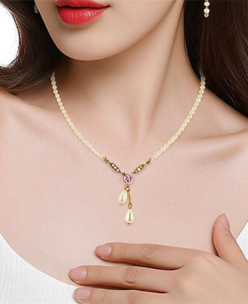 1928 Bridal Porcelain Rose And 3mm Faux Pearl Strand Drop Pendant Necklace 16" + 3" Extender