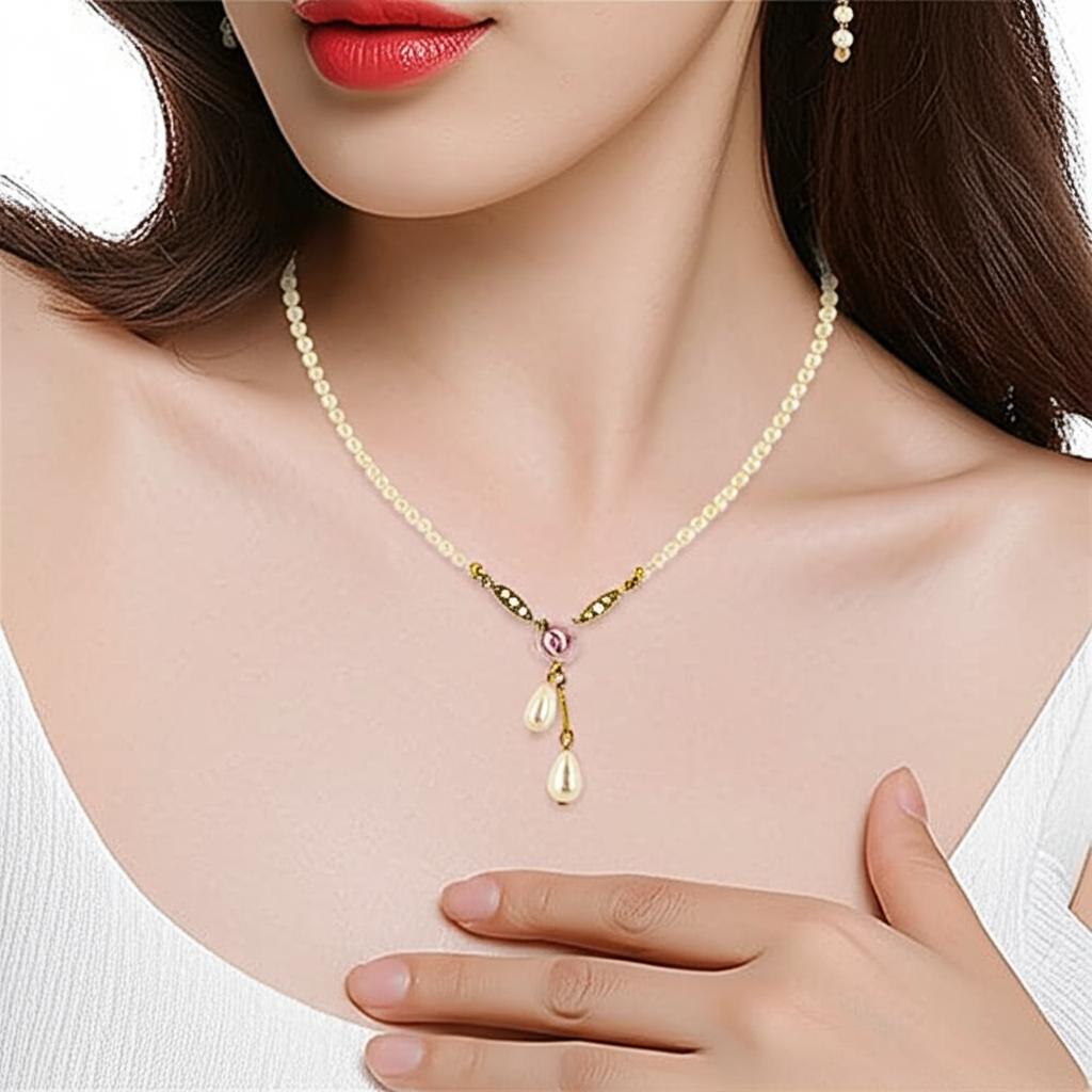 1928 Bridal Porcelain Rose And 3mm Faux Pearl Strand Drop Pendant Necklace 16" + 3" Extender