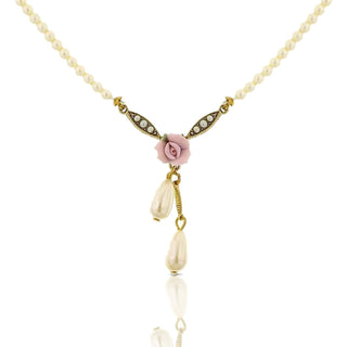 Porcelain Rose And 3mm Faux Pearl Strand Drop Pendant Necklace 16" + 3" Extender