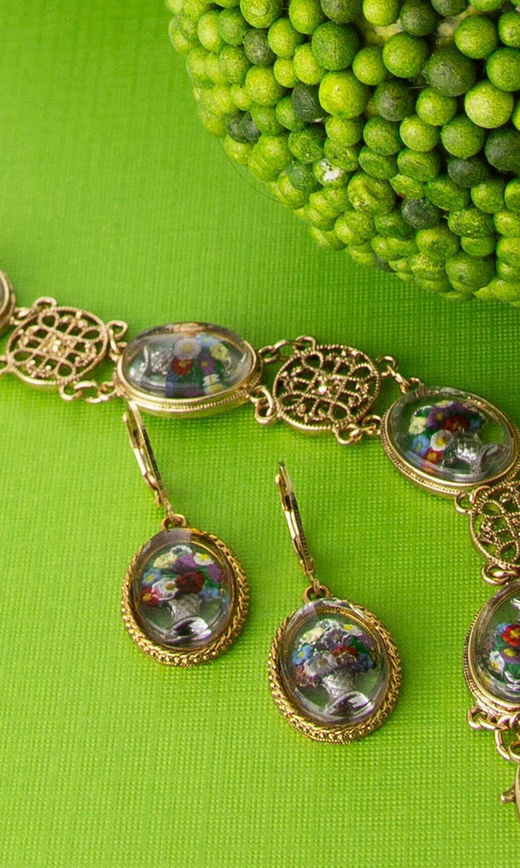 1928 Jewelry Meso Round Intricate Filigree & Mixed Flower Bouquet German Glass Link Bracelet