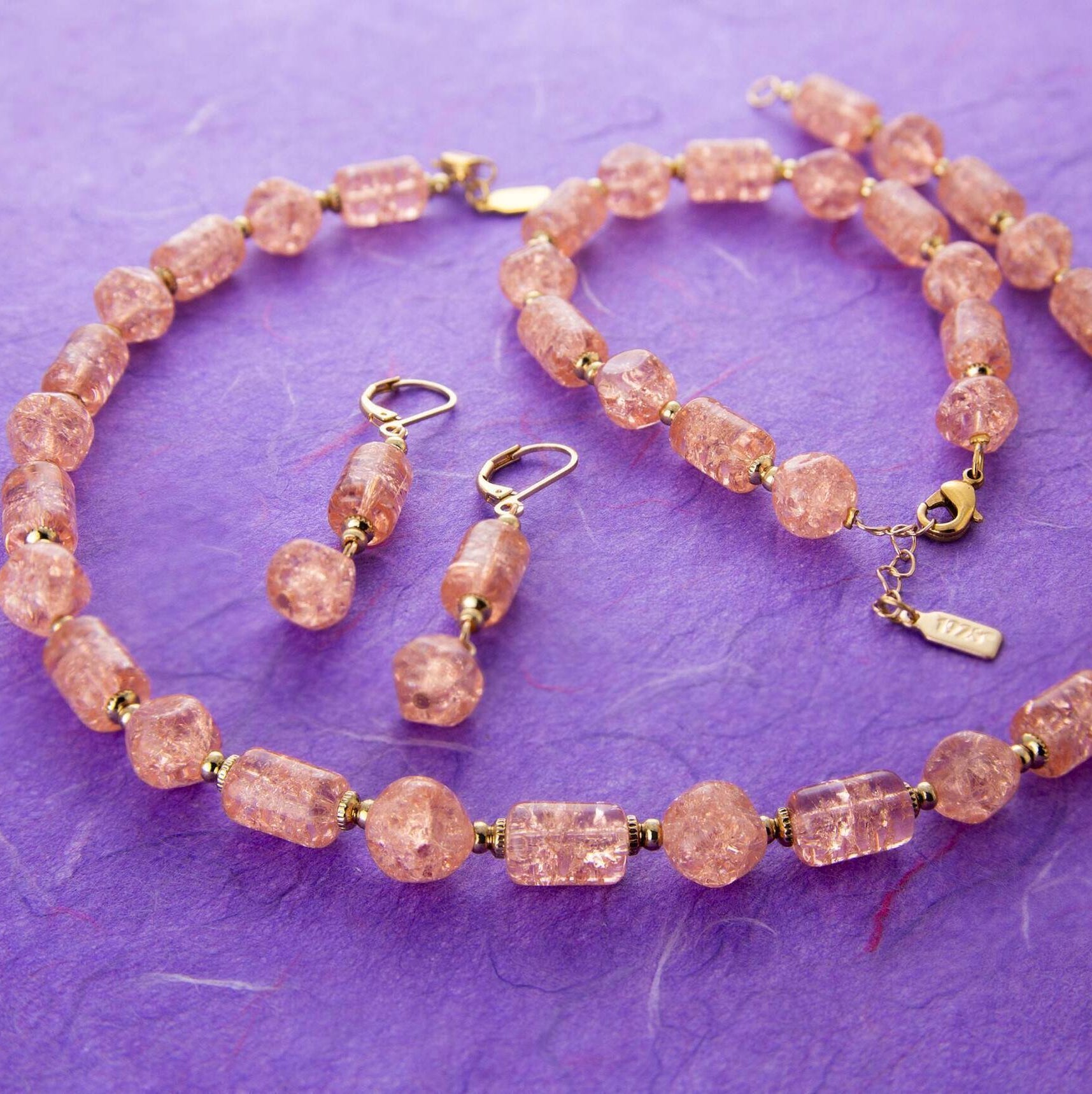 1928 Jewelry Beaded Peach Cracked Glass Bracelet