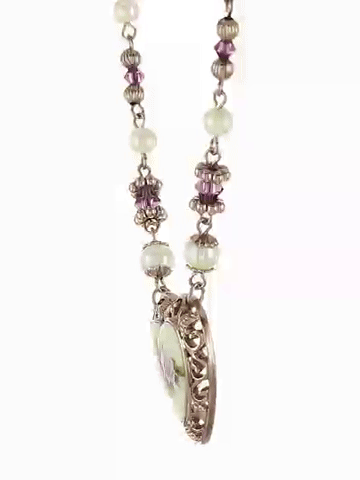 1928 Jewelry Rose Faux Pearl Purple Flower Heart Pendant Necklace 15" + 3" Extender