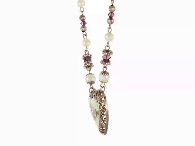 1928 Jewelry Rose Faux Pearl Purple Flower Heart Pendant Necklace 15" + 3" Extender