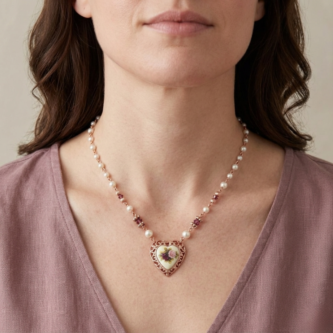 Necklace with a heart-shaped pendant and faux pearl chain worn by a person