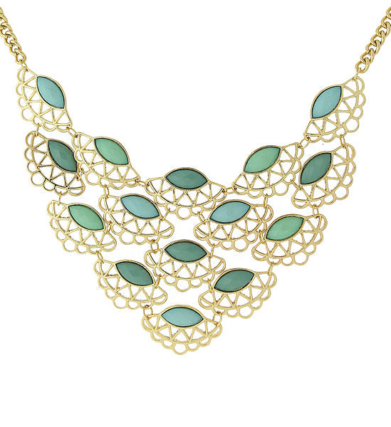 1928 Jewelry Turquoise Stone Filigree Bib Necklace 16" + 3" Extension