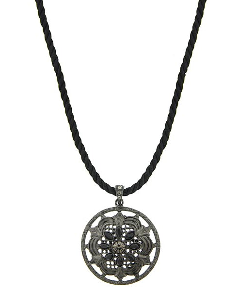 2028 Jewelry Black Twist Cord Round Black Crystal Floral Pendant Necklace 18"