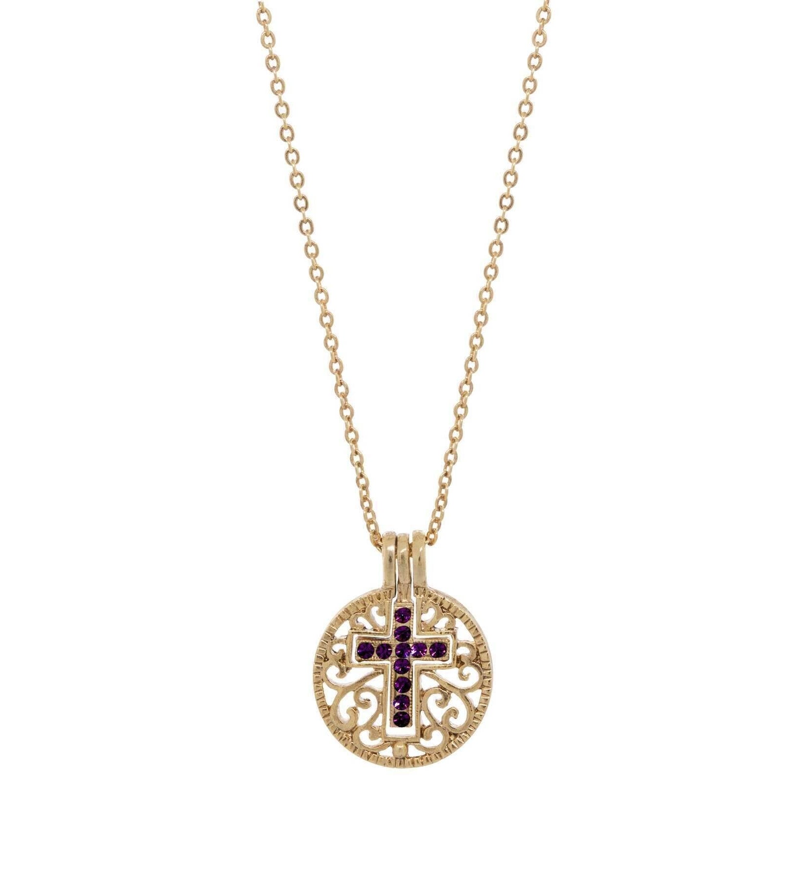 Symbols Of Faith Round Filigree Birthstone Crystal Swinging Cross Pendant Necklace 18"