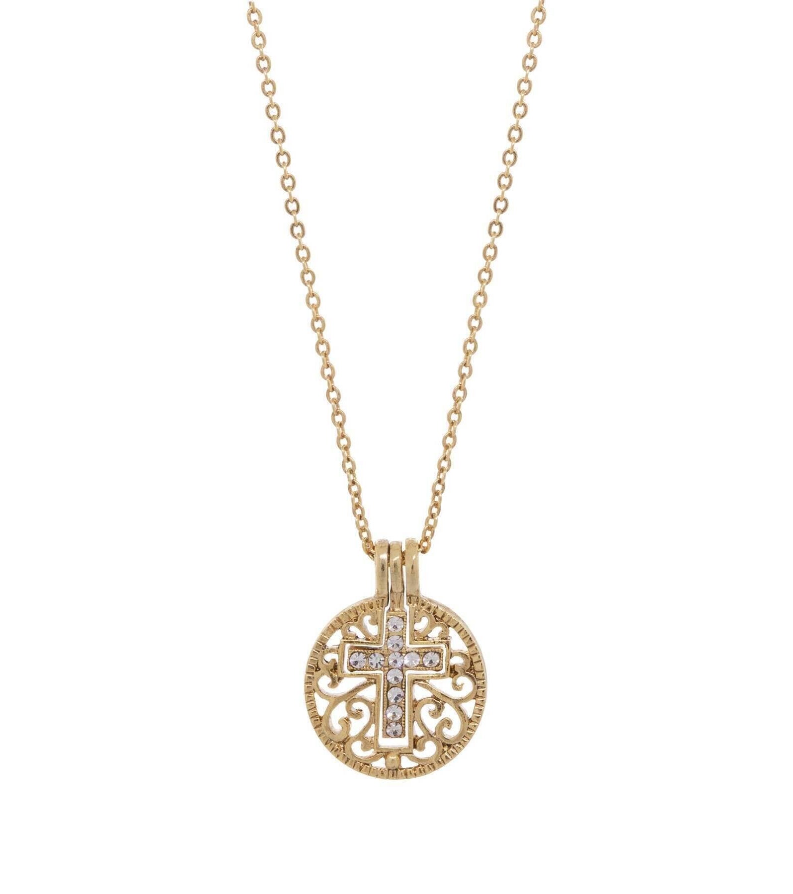 Symbols Of Faith Round Filigree Birthstone Crystal Swinging Cross Pendant Necklace 18"