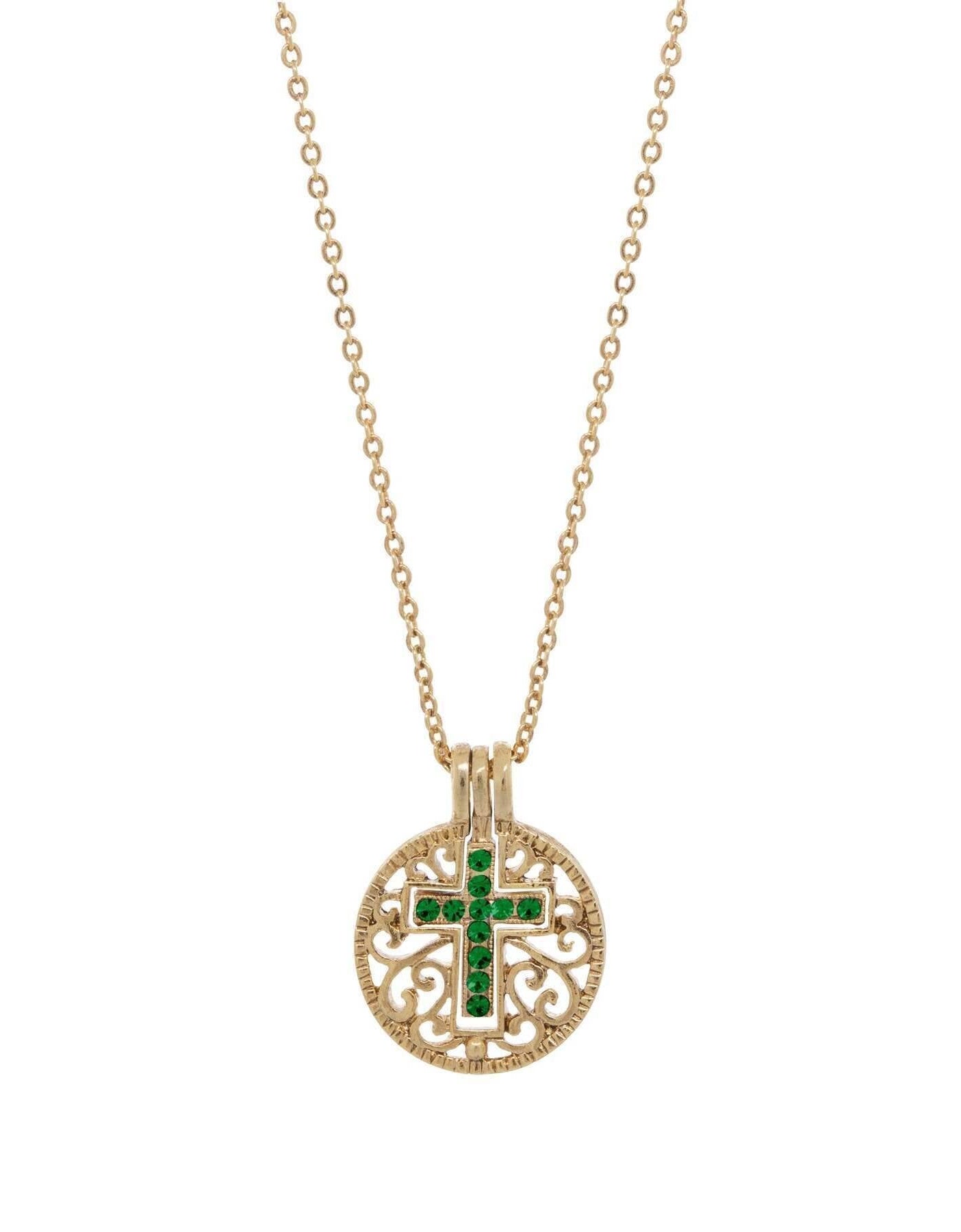 Symbols Of Faith Round Filigree Birthstone Crystal Swinging Cross Pendant Necklace 18"