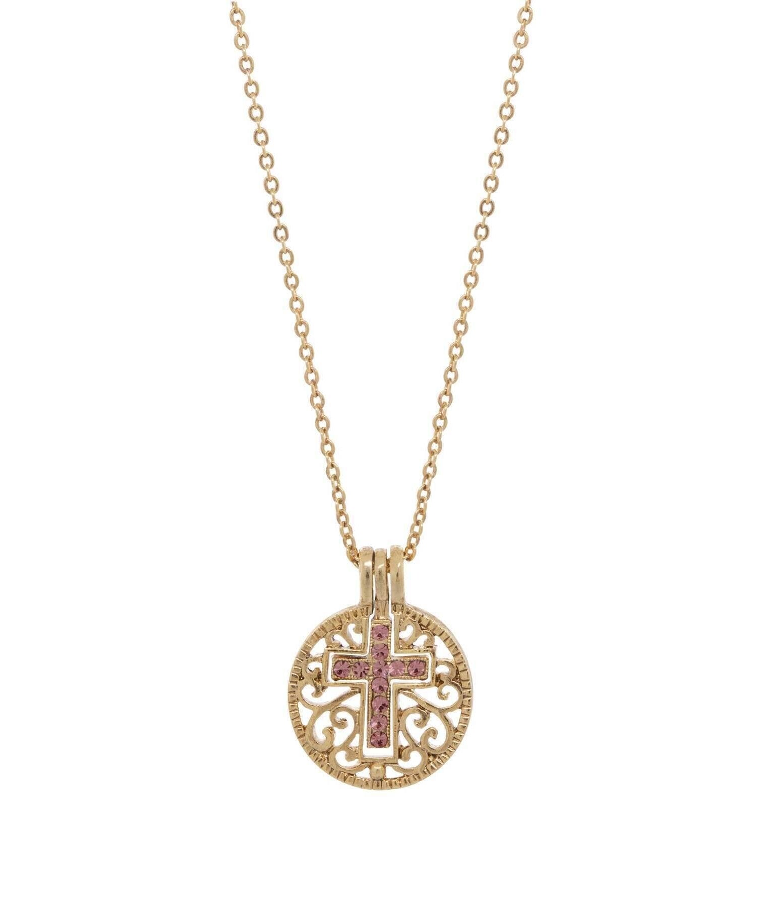Symbols Of Faith Round Filigree Birthstone Crystal Swinging Cross Pendant Necklace 18"