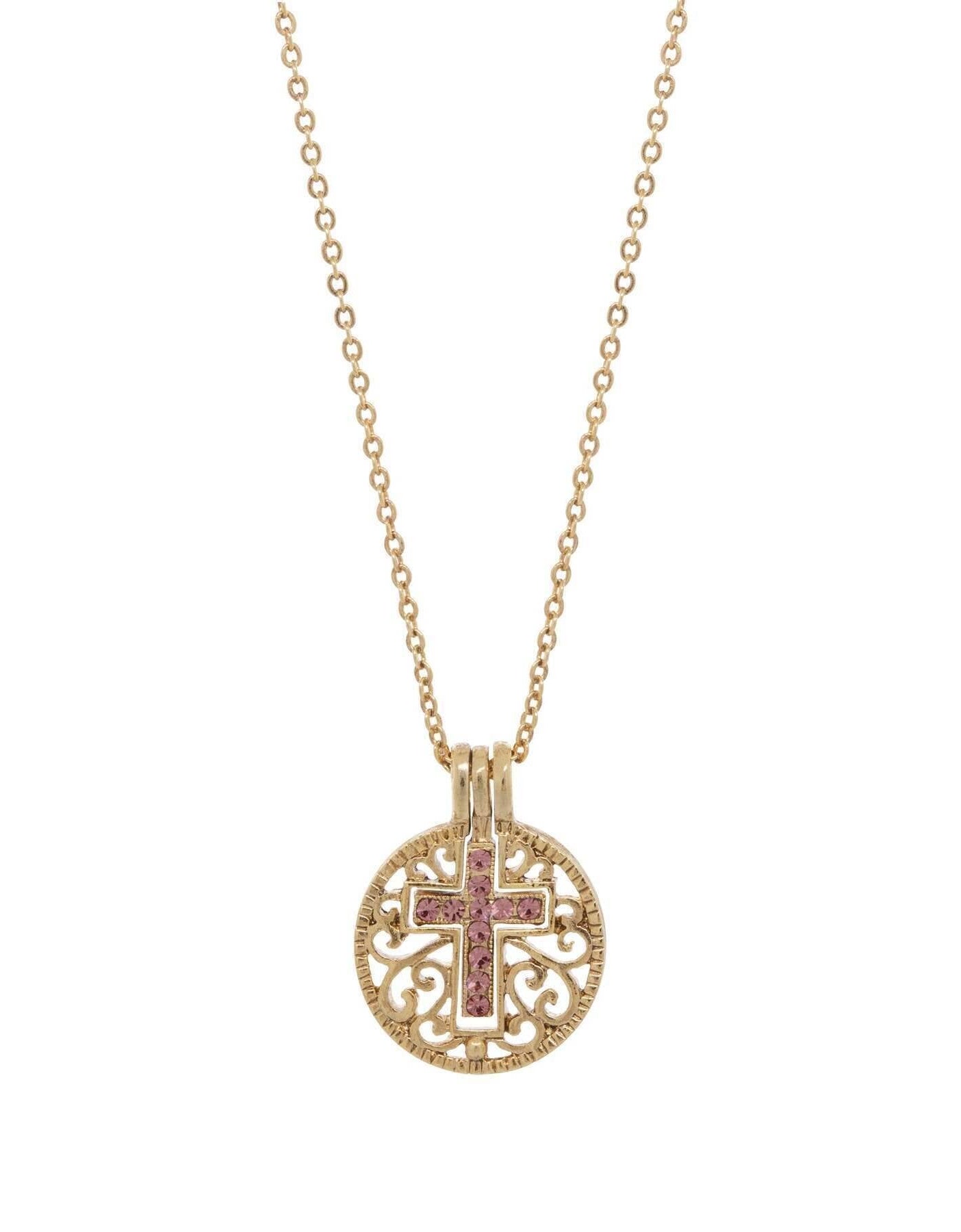 Symbols Of Faith Round Filigree Birthstone Crystal Swinging Cross Pendant Necklace 18"