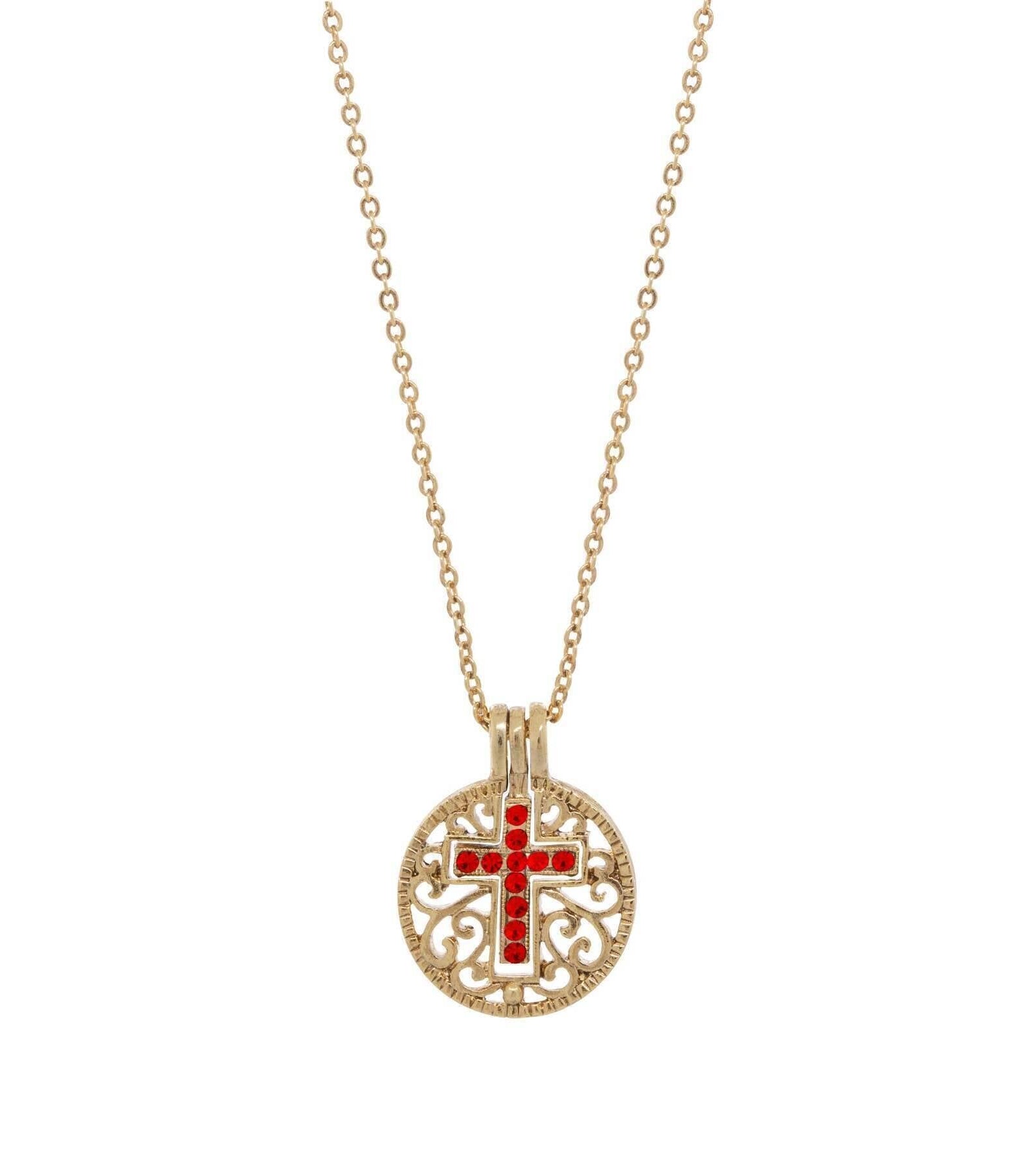 Symbols Of Faith Round Filigree Birthstone Crystal Swinging Cross Pendant Necklace 18"