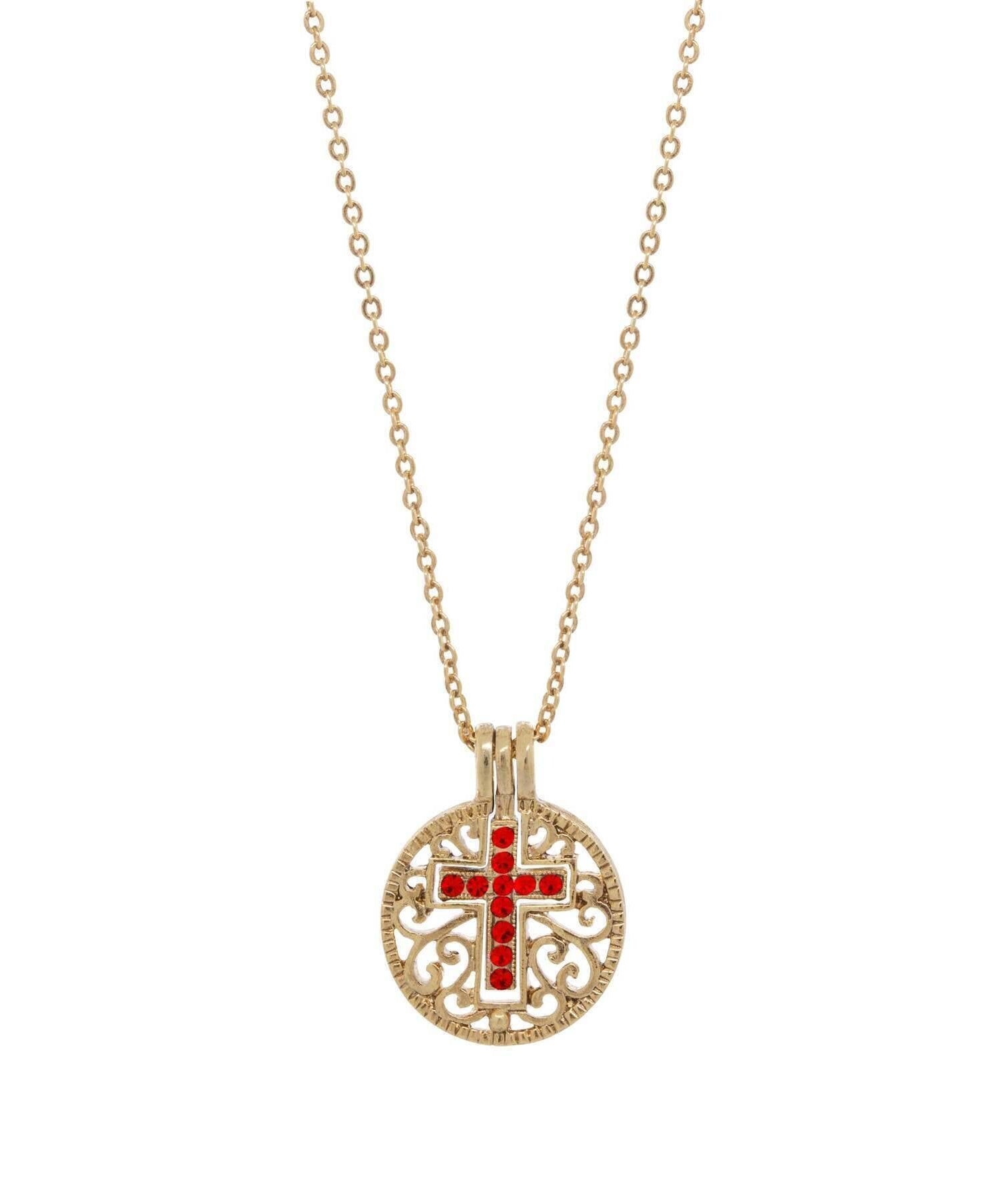 Symbols Of Faith Round Filigree Birthstone Crystal Swinging Cross Pendant Necklace 18"
