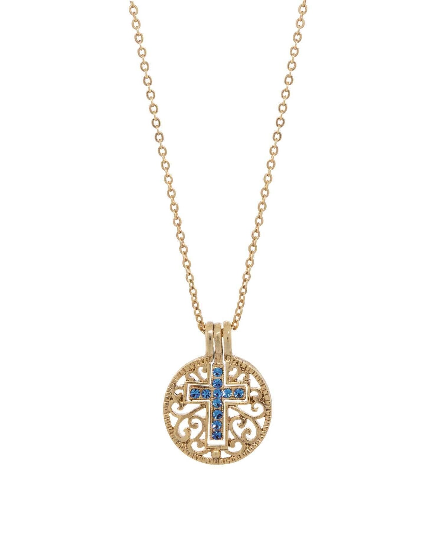 Symbols Of Faith Round Filigree Birthstone Crystal Swinging Cross Pendant Necklace 18"
