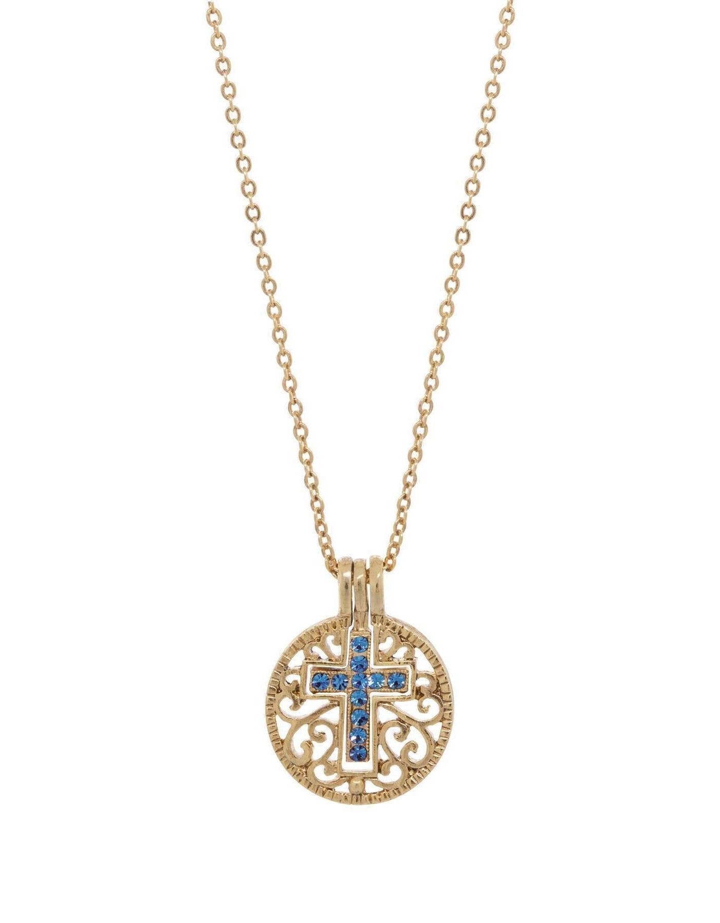 Symbols Of Faith Round Filigree Birthstone Crystal Swinging Cross Pendant Necklace 18"