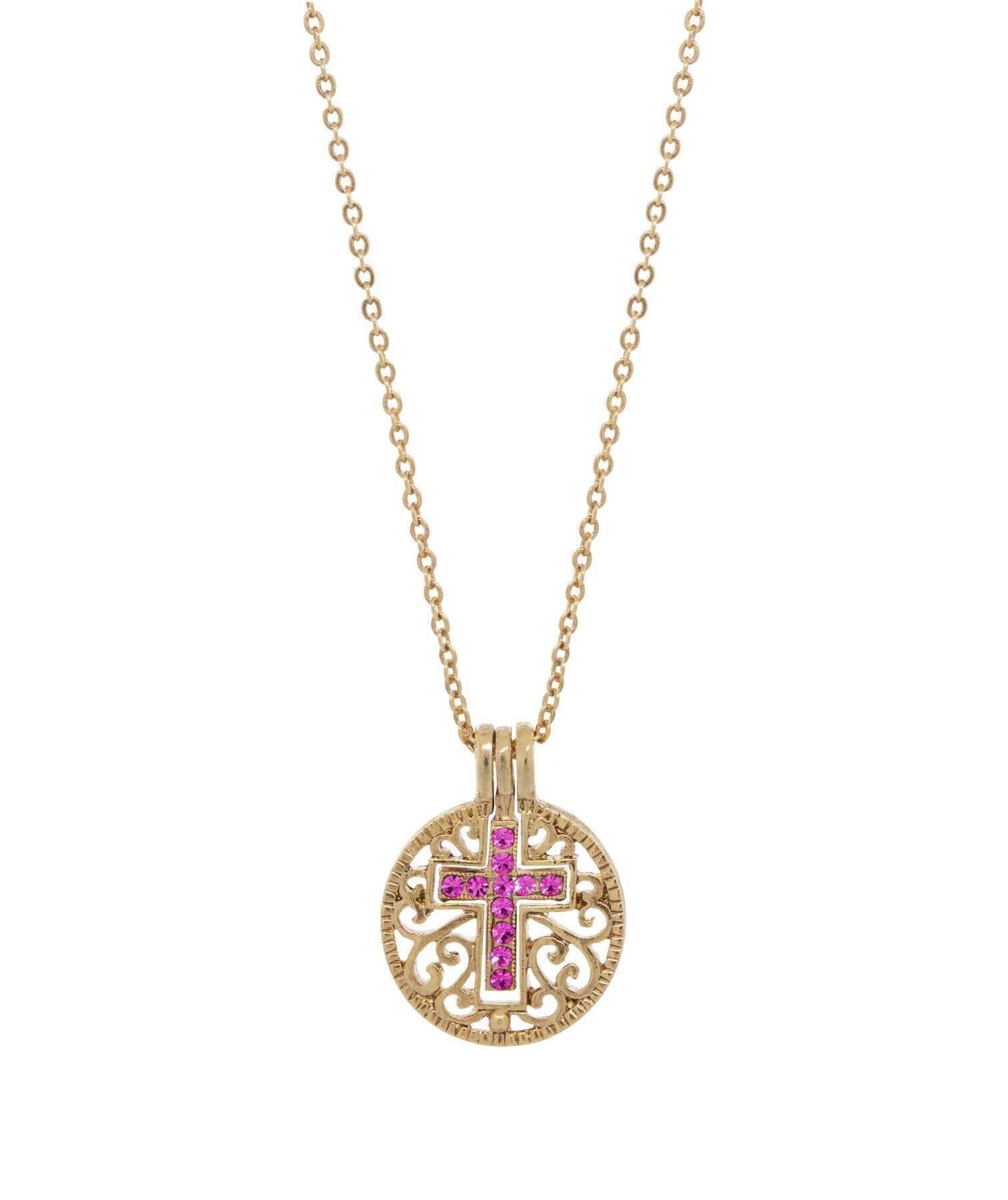 Symbols Of Faith Round Filigree Birthstone Crystal Swinging Cross Pendant Necklace 18"