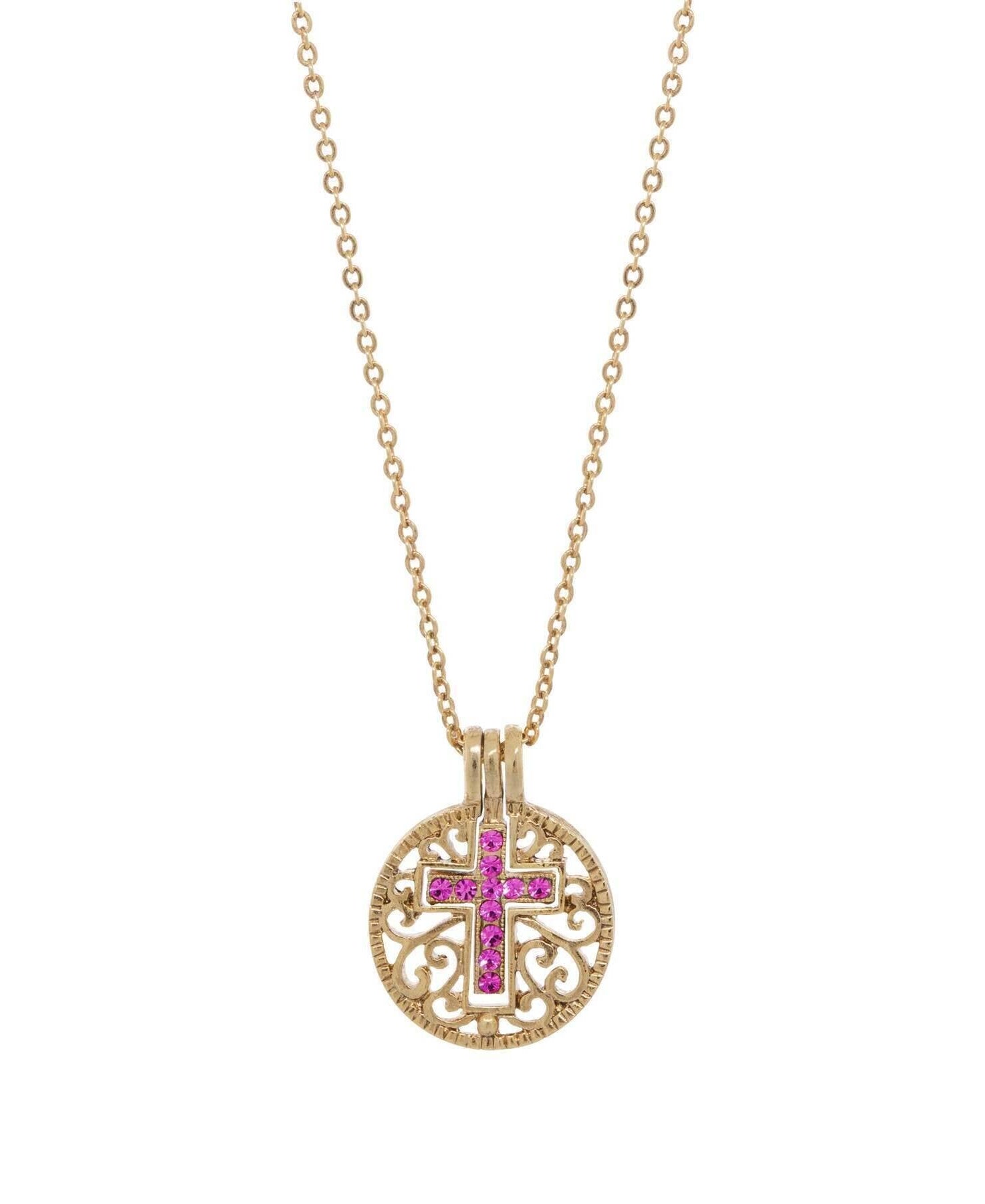 Symbols Of Faith Round Filigree Birthstone Crystal Swinging Cross Pendant Necklace 18"