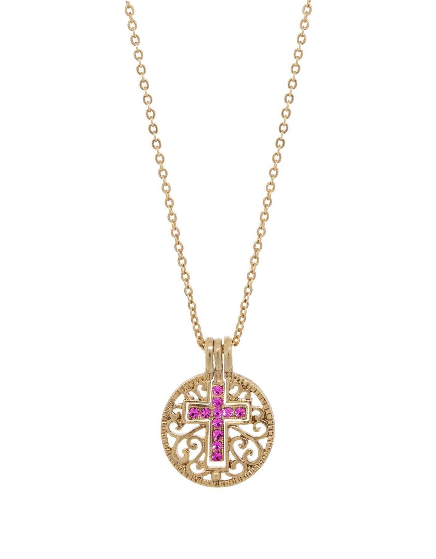 Symbols Of Faith Round Filigree Birthstone Crystal Swinging Cross Pendant Necklace 18"