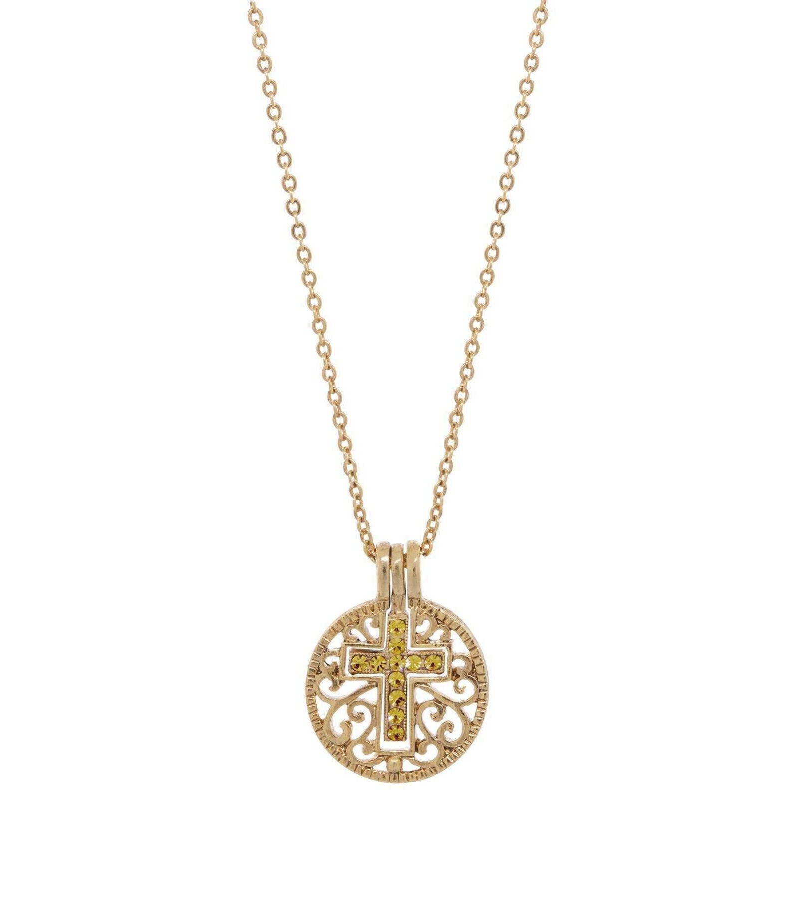 Symbols Of Faith Round Filigree Birthstone Crystal Swinging Cross Pendant Necklace 18"