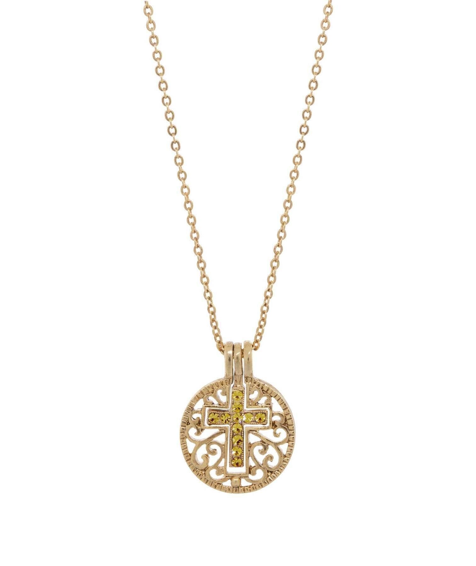 Symbols Of Faith Round Filigree Birthstone Crystal Swinging Cross Pendant Necklace 18"