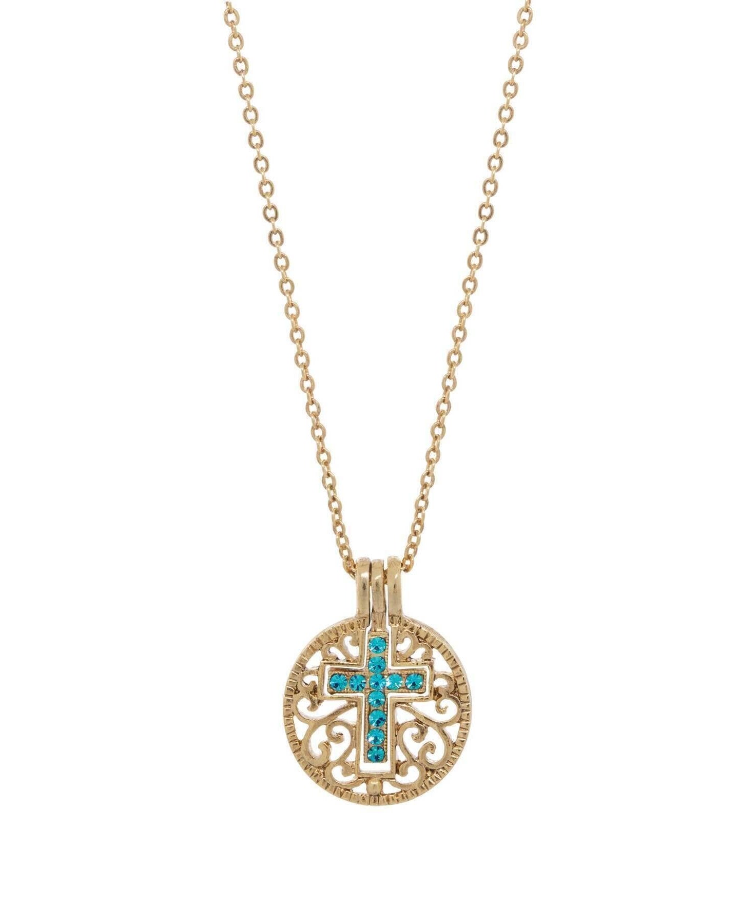 Symbols Of Faith Round Filigree Birthstone Crystal Swinging Cross Pendant Necklace 18"