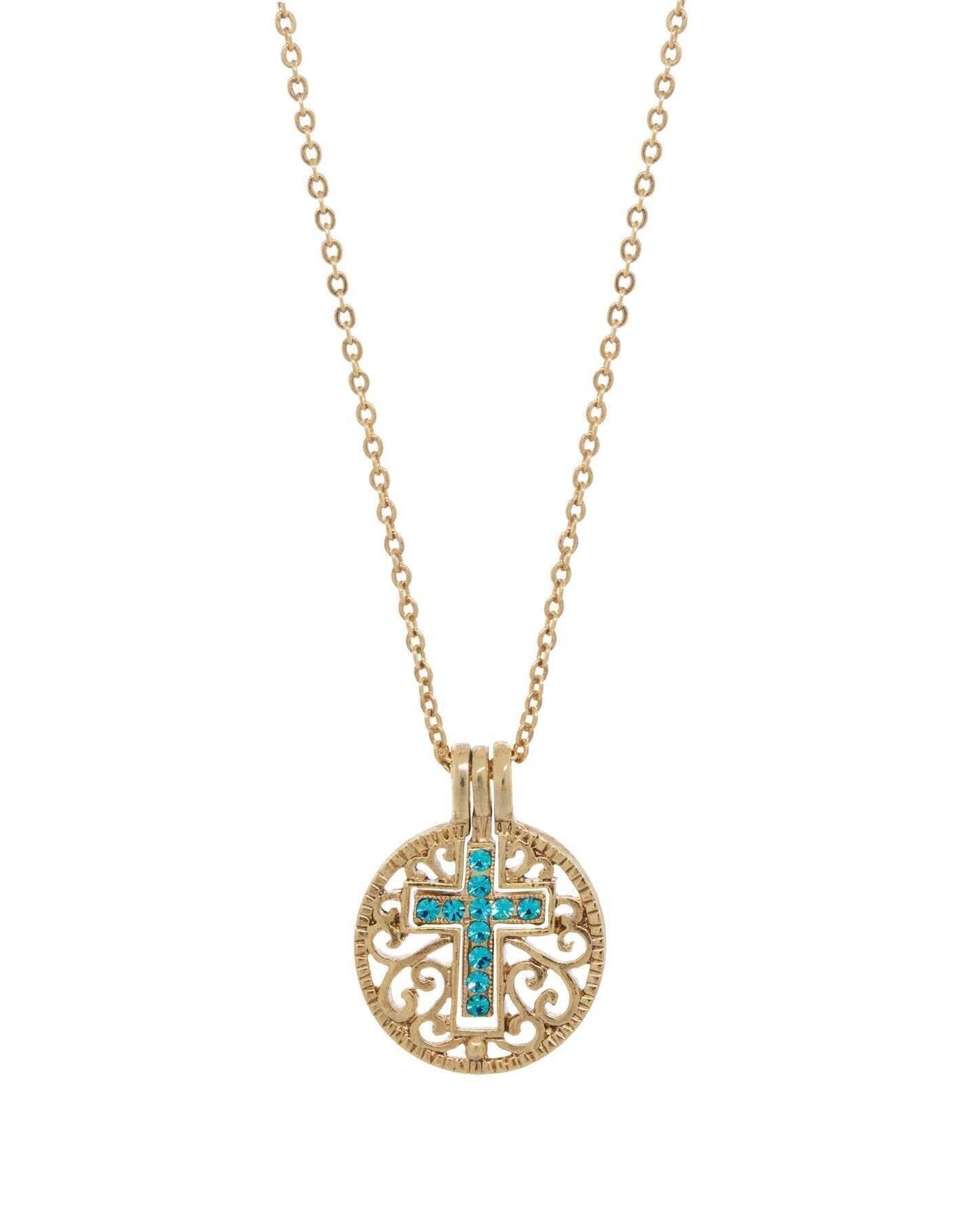 Symbols Of Faith Round Filigree Birthstone Crystal Swinging Cross Pendant Necklace 18"