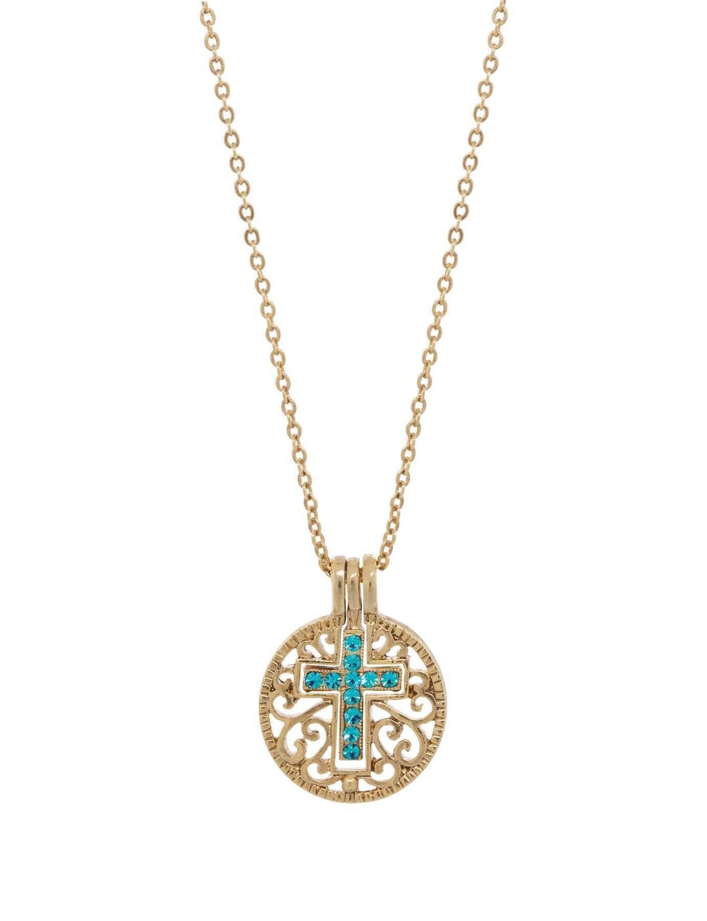 Symbols Of Faith Round Filigree Birthstone Crystal Swinging Cross Pendant Necklace 18"