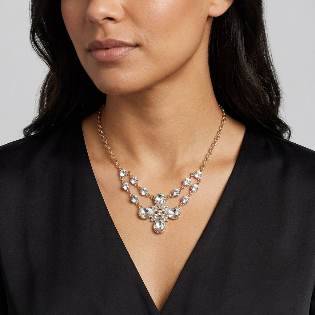 Woman wearing a black top with a Clear Crystal Flower Necklace