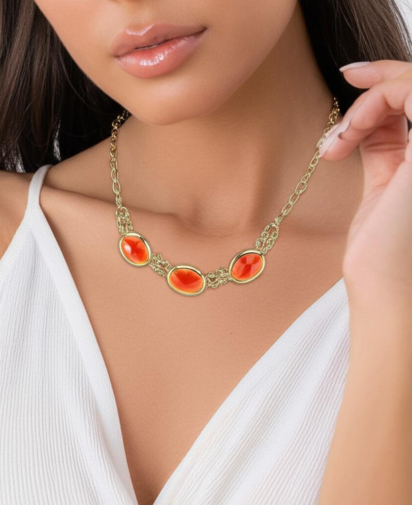 2028 Jewelry Triple Oval Faceted Stone Collar Necklace 16" + 3" Extender