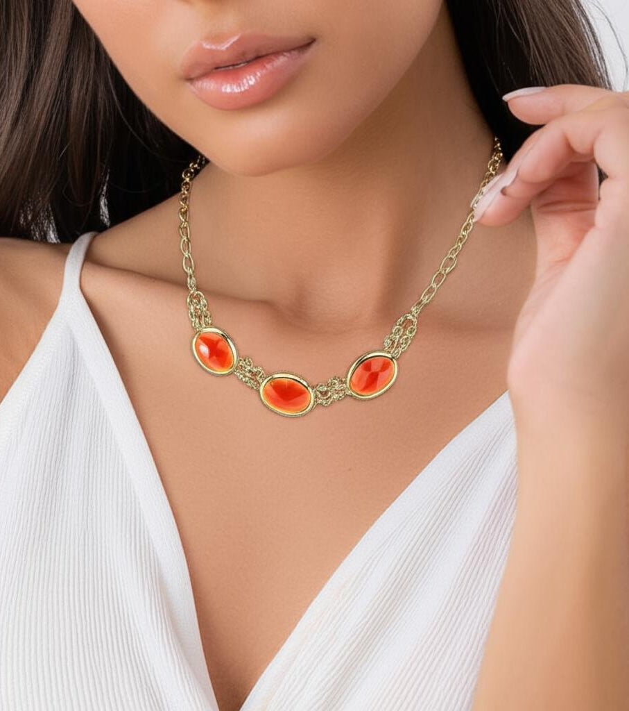 2028 Jewelry Triple Oval Faceted Stone Collar Necklace 16" + 3" Extender