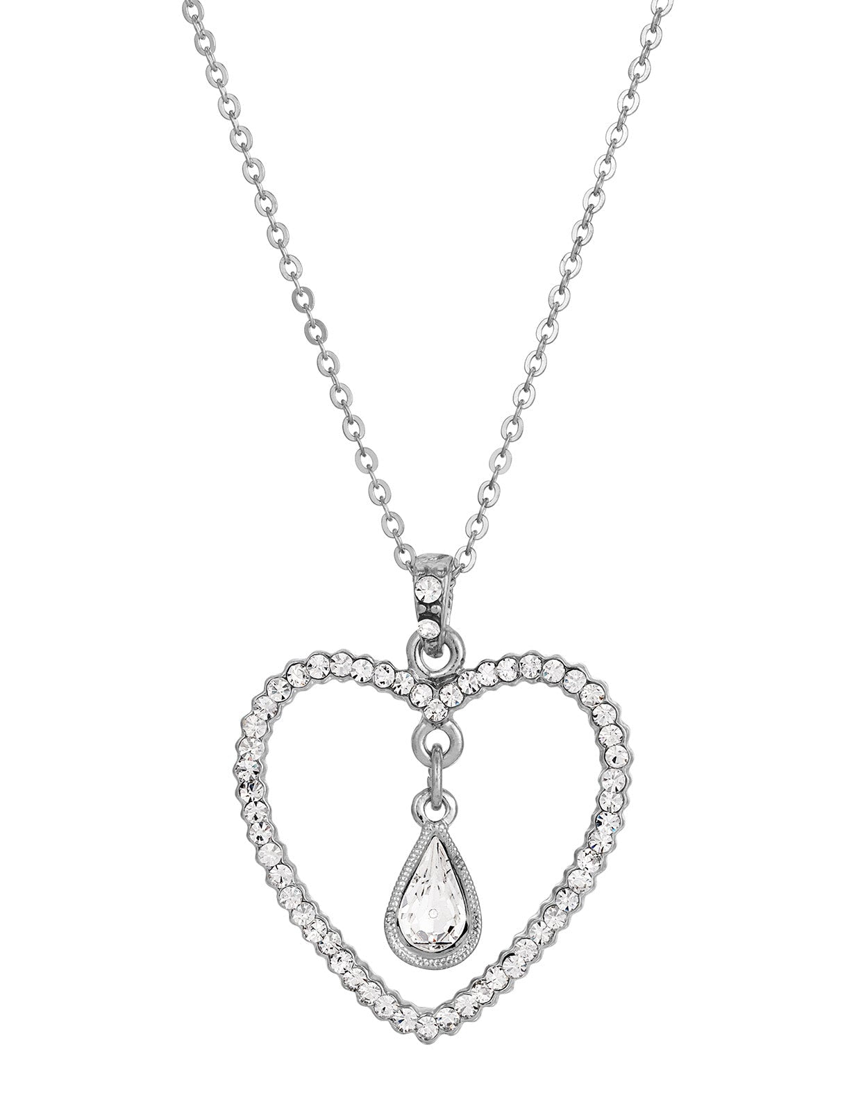1928 Jewelry Crystal Heart & Teardrop Pendant Necklace 16" + 3" Extender