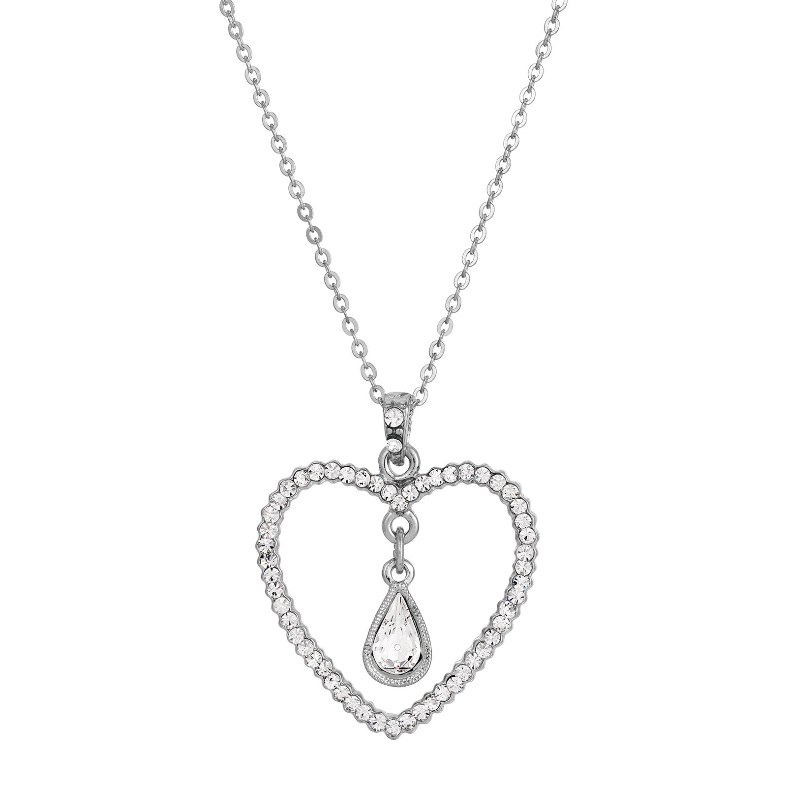 1928 Jewelry Crystal Heart & Teardrop Pendant Necklace 16" + 3" Extender