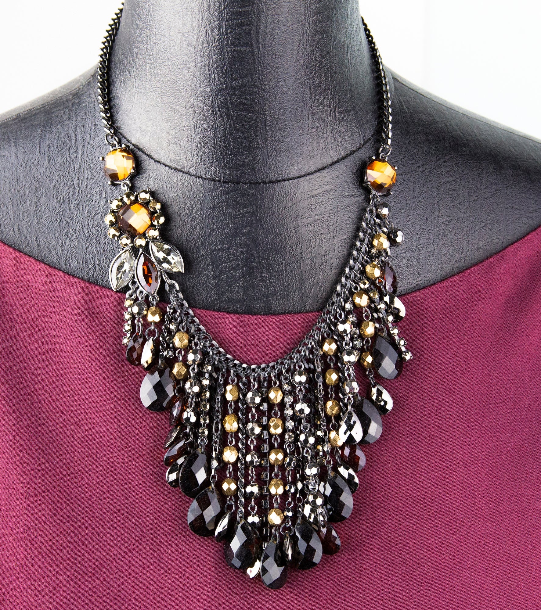 2028 Jewelry Black Smoke Topaz Chain Drop Bib Necklace 15" + 3" Extender