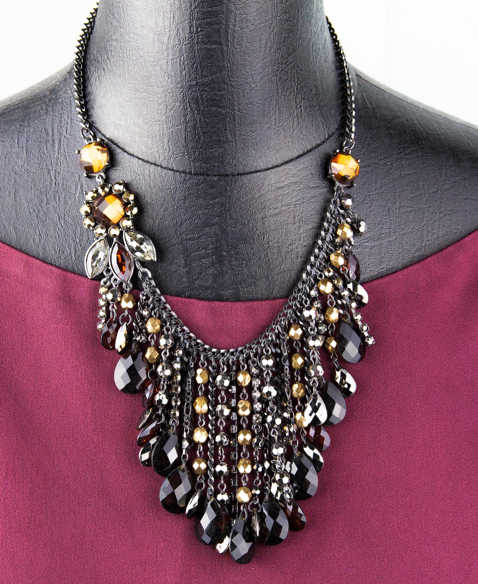 2028 Jewelry Black Smoke Topaz Chain Drop Bib Necklace 15" + 3" Extender