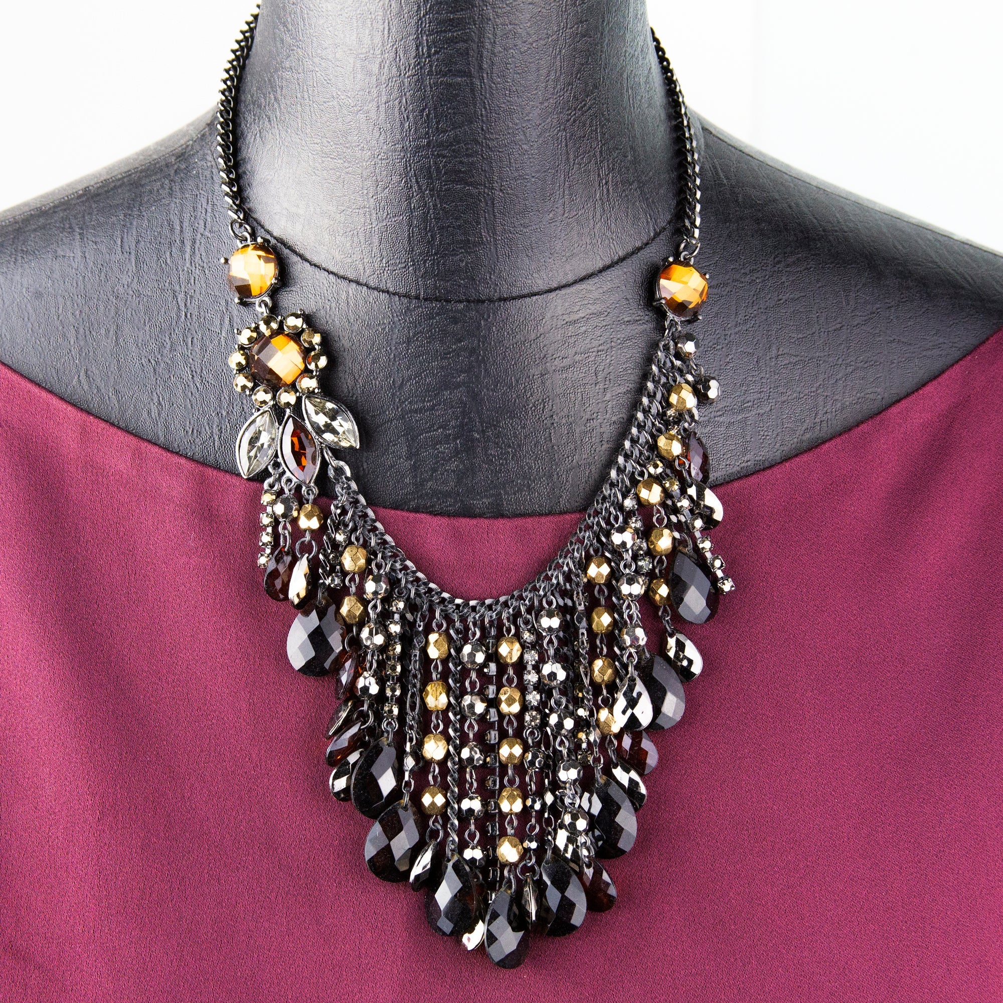 2028 Jewelry Black Smoke Topaz Chain Drop Bib Necklace 15" + 3" Extender