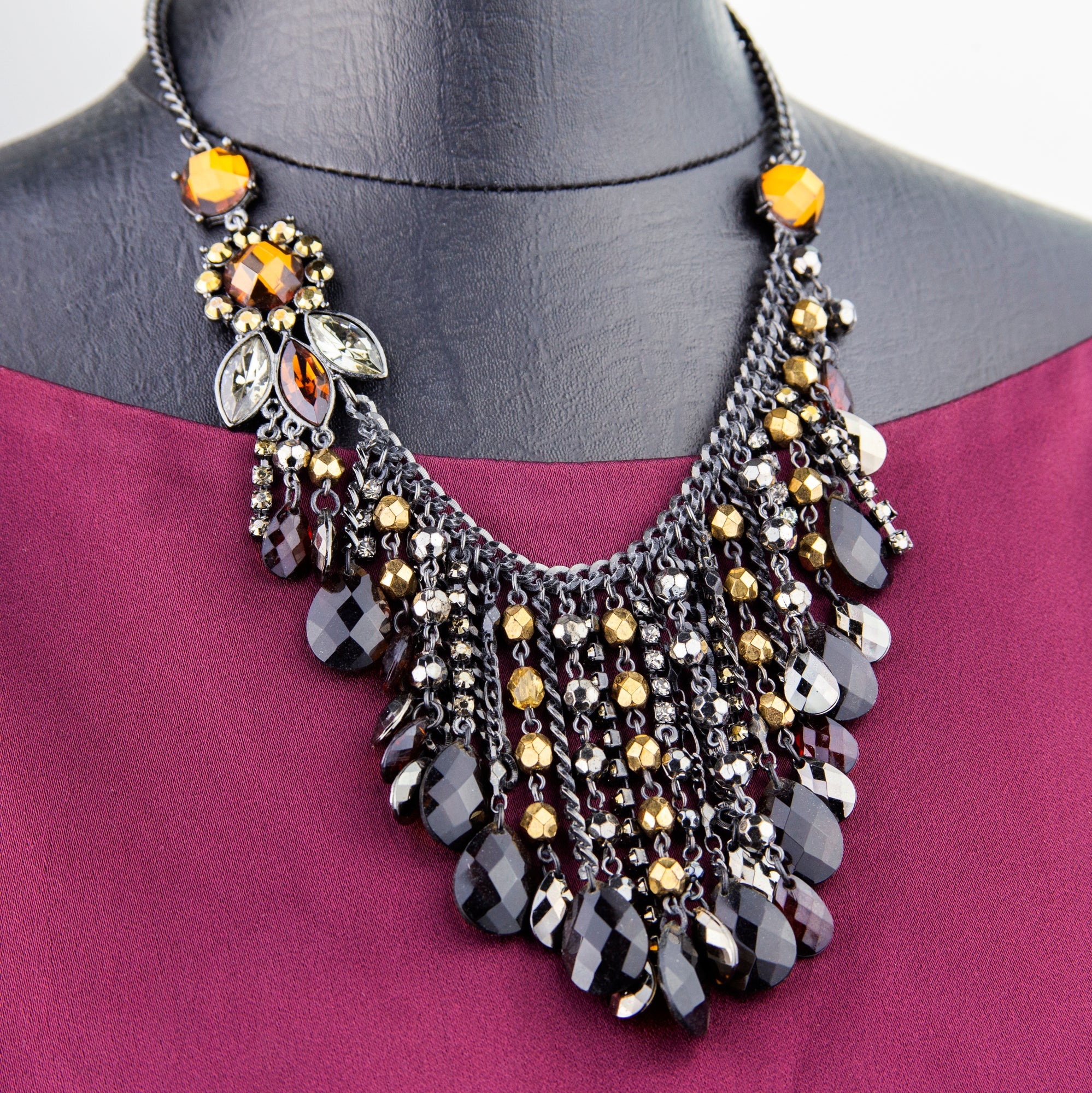 2028 Jewelry Black Smoke Topaz Chain Drop Bib Necklace 15" + 3" Extender