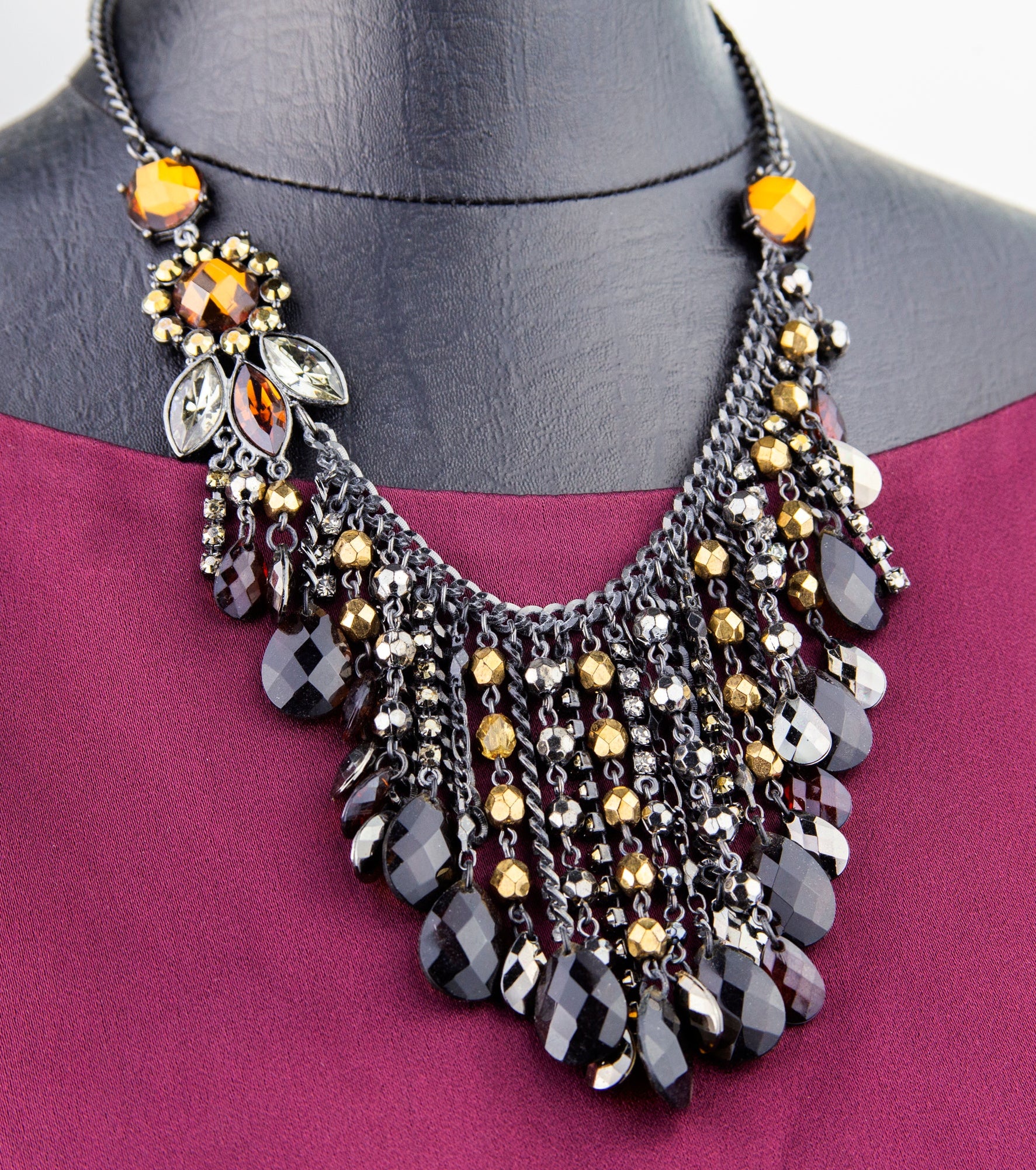 2028 Jewelry Black Smoke Topaz Chain Drop Bib Necklace 15" + 3" Extender