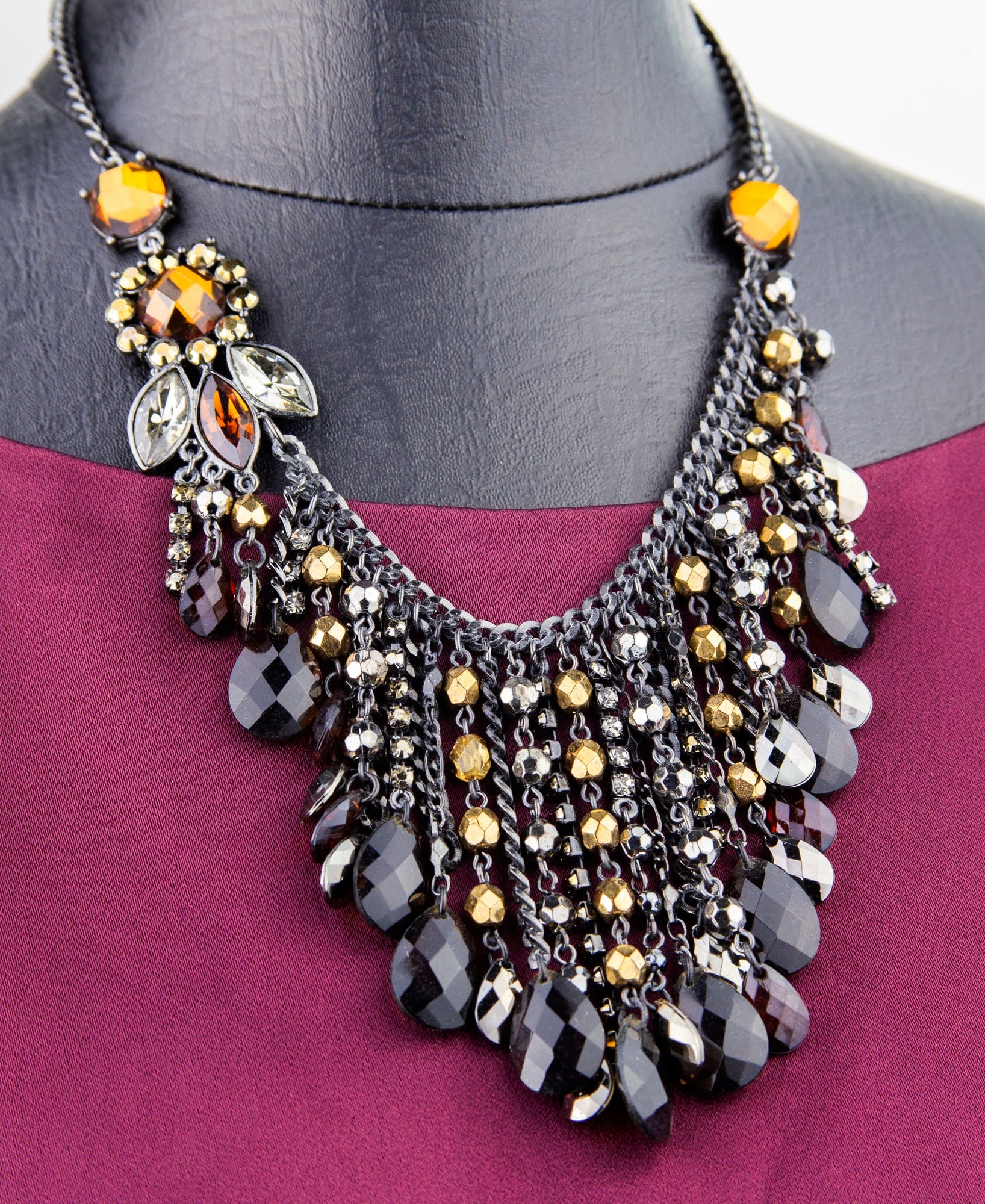 2028 Jewelry Black Smoke Topaz Chain Drop Bib Necklace 15" + 3" Extender