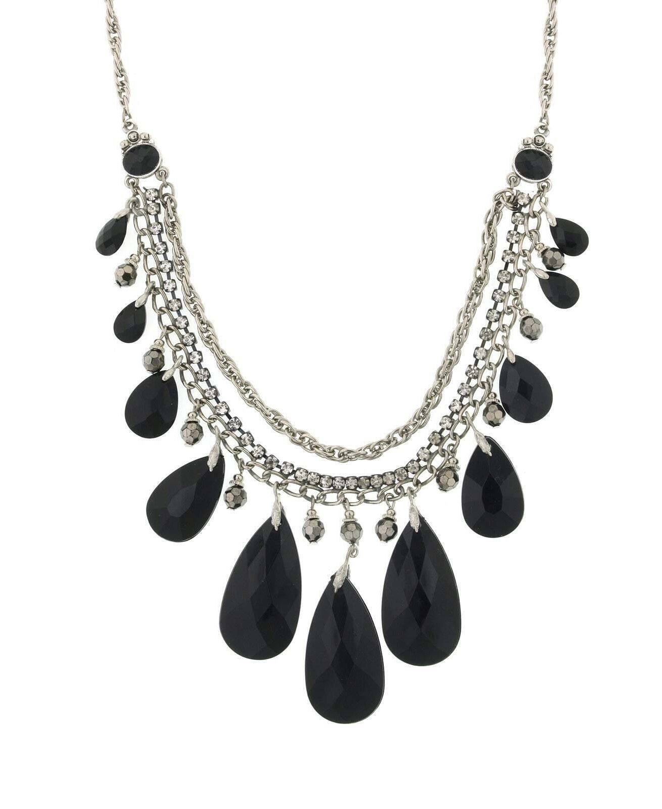 2028 Jewelry Jet Black Briolette Multi Chain Bib Necklace 16" + 3" Extension