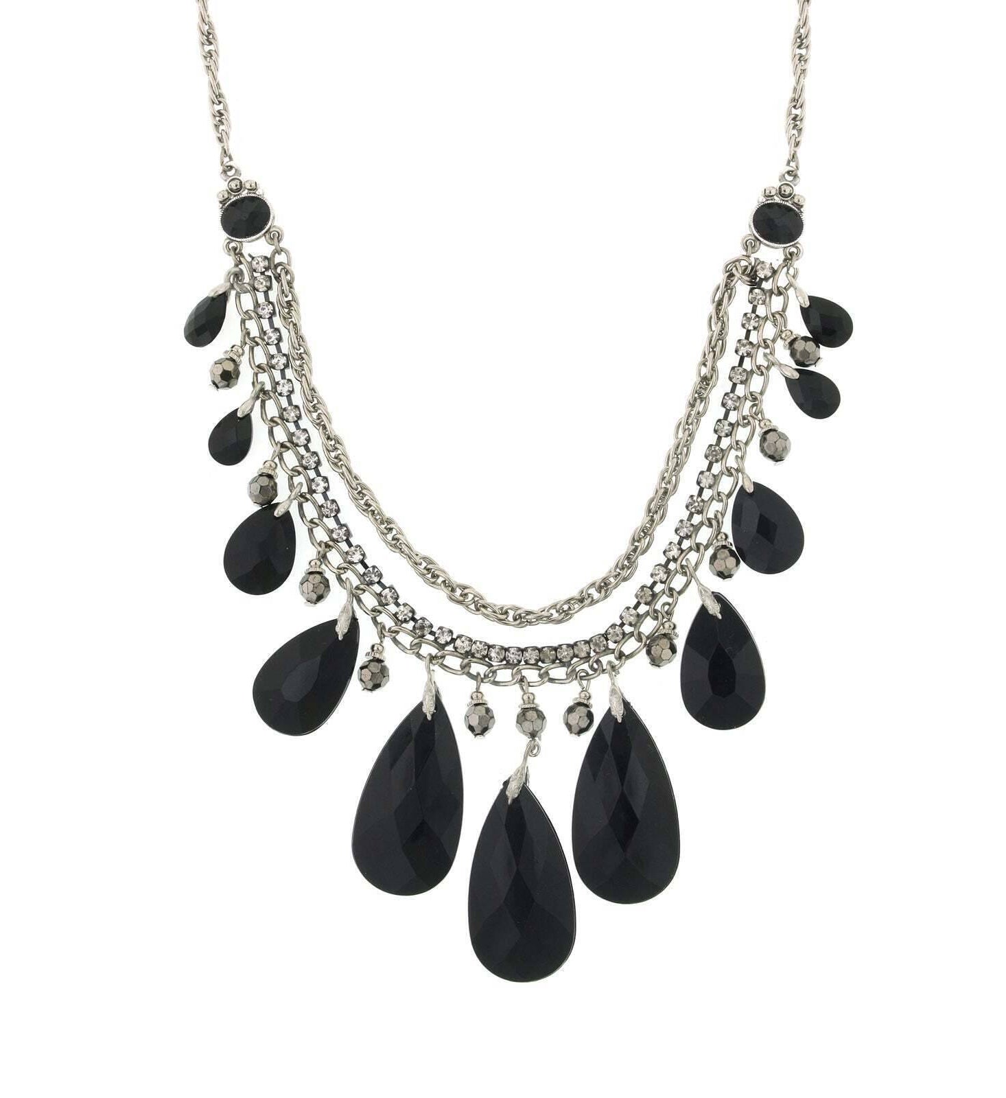 2028 Jewelry Jet Black Briolette Multi Chain Bib Necklace 16" + 3" Extension