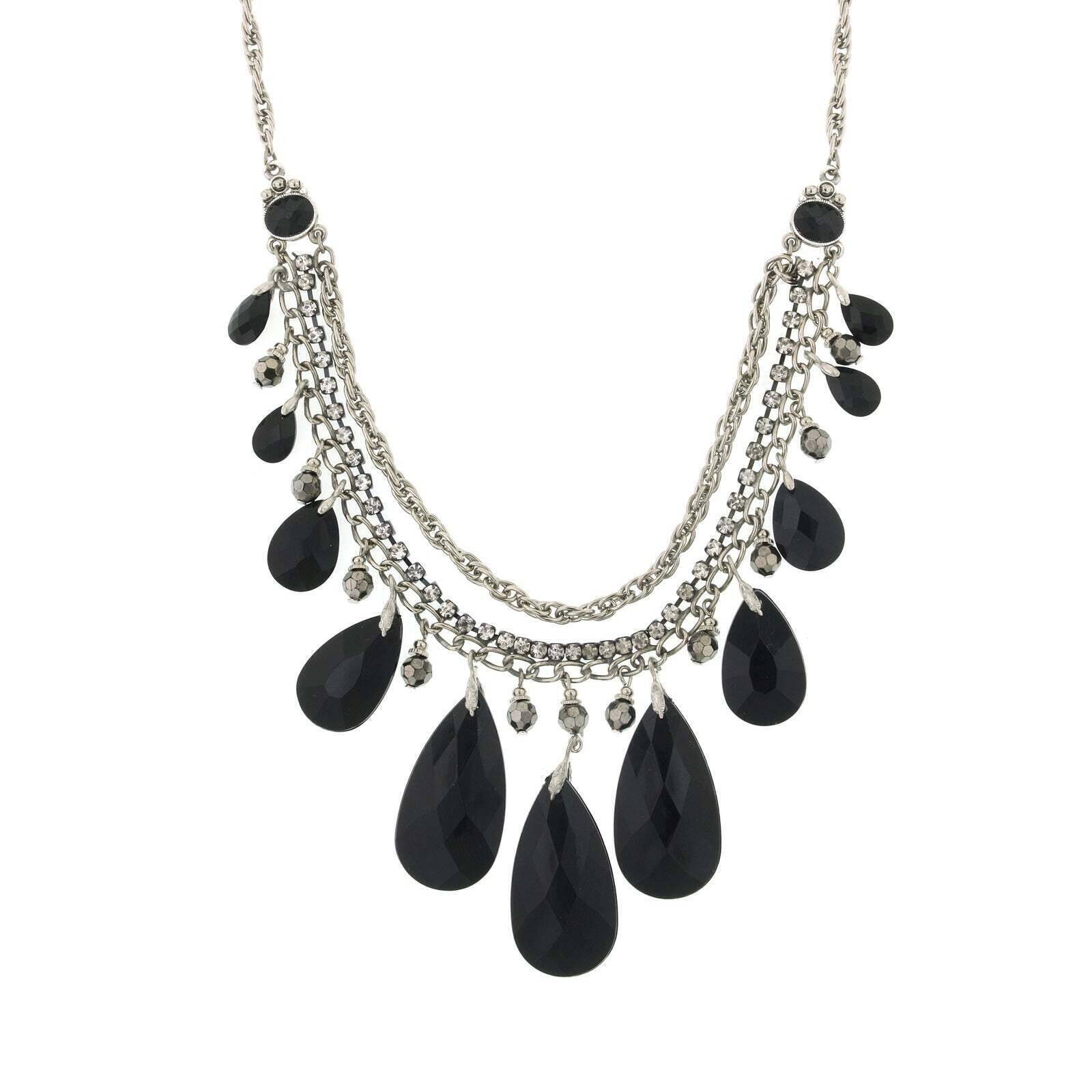 2028 Jewelry Jet Black Briolette Multi Chain Bib Necklace 16" + 3" Extension