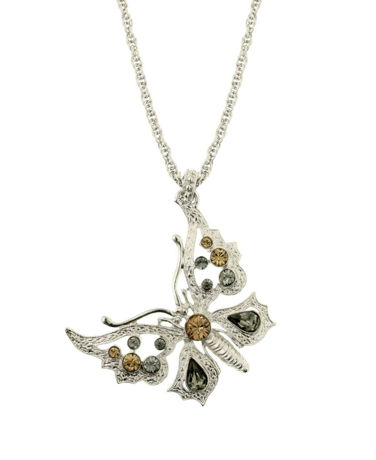 1928 Jewelry Ornate Multi Crystal Butterfly Pendant Necklace 16" + 3" Extender