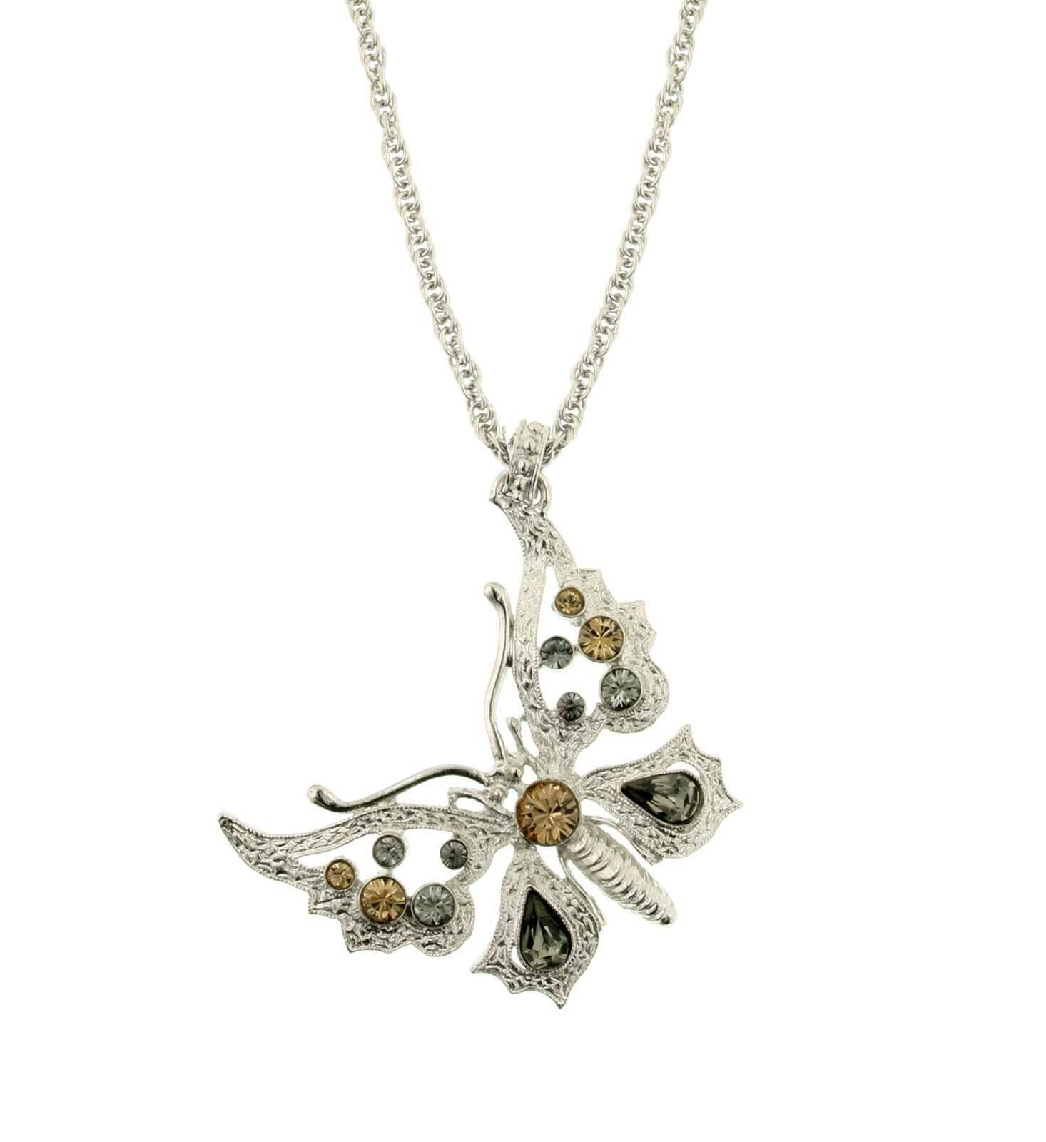 1928 Jewelry Ornate Multi Crystal Butterfly Pendant Necklace 16" + 3" Extender