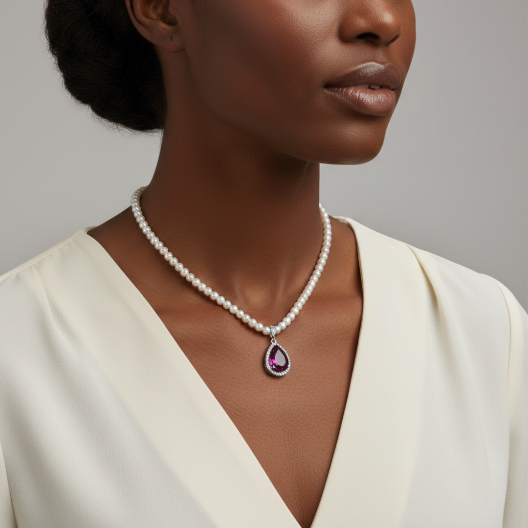 Woman wearing a pearl necklace with a purple teardrop pendant against a gray background